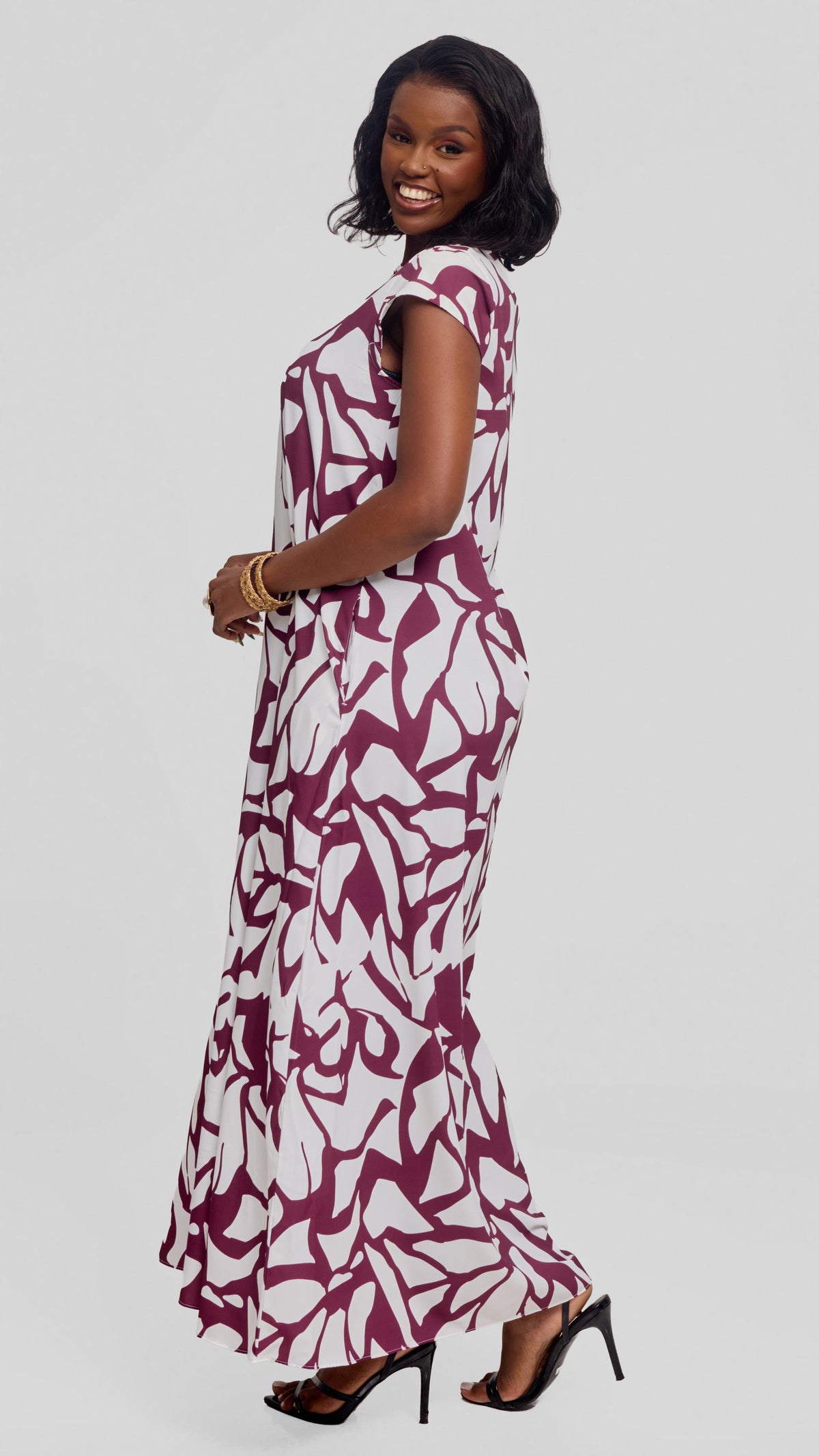 Vivo Sakari Cap Sleeve Maxi Dress in Crepe - White Mulberry  Zania Print