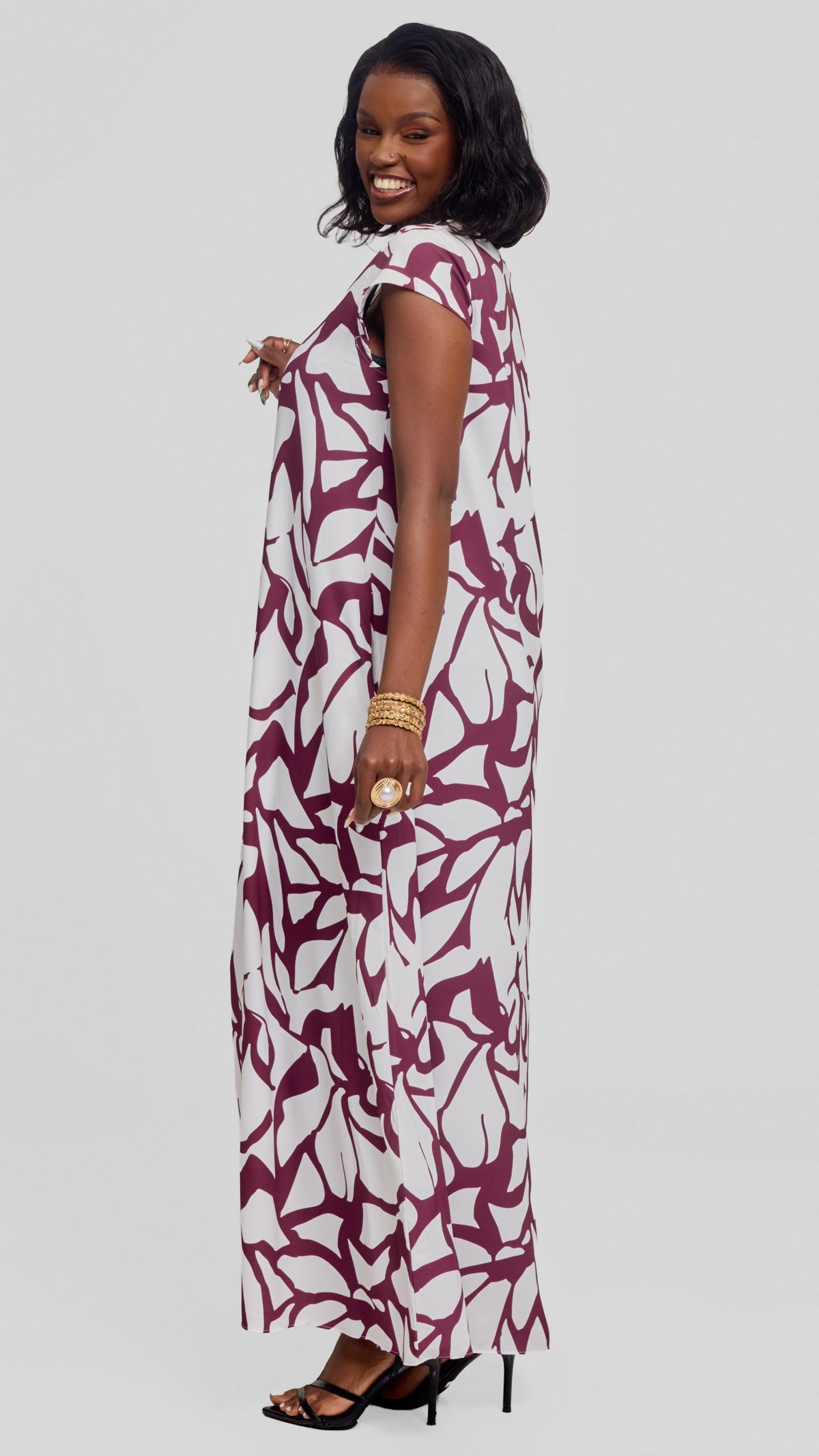 Vivo Sakari Cap Sleeve Maxi Dress in Crepe - White Mulberry  Zania Print