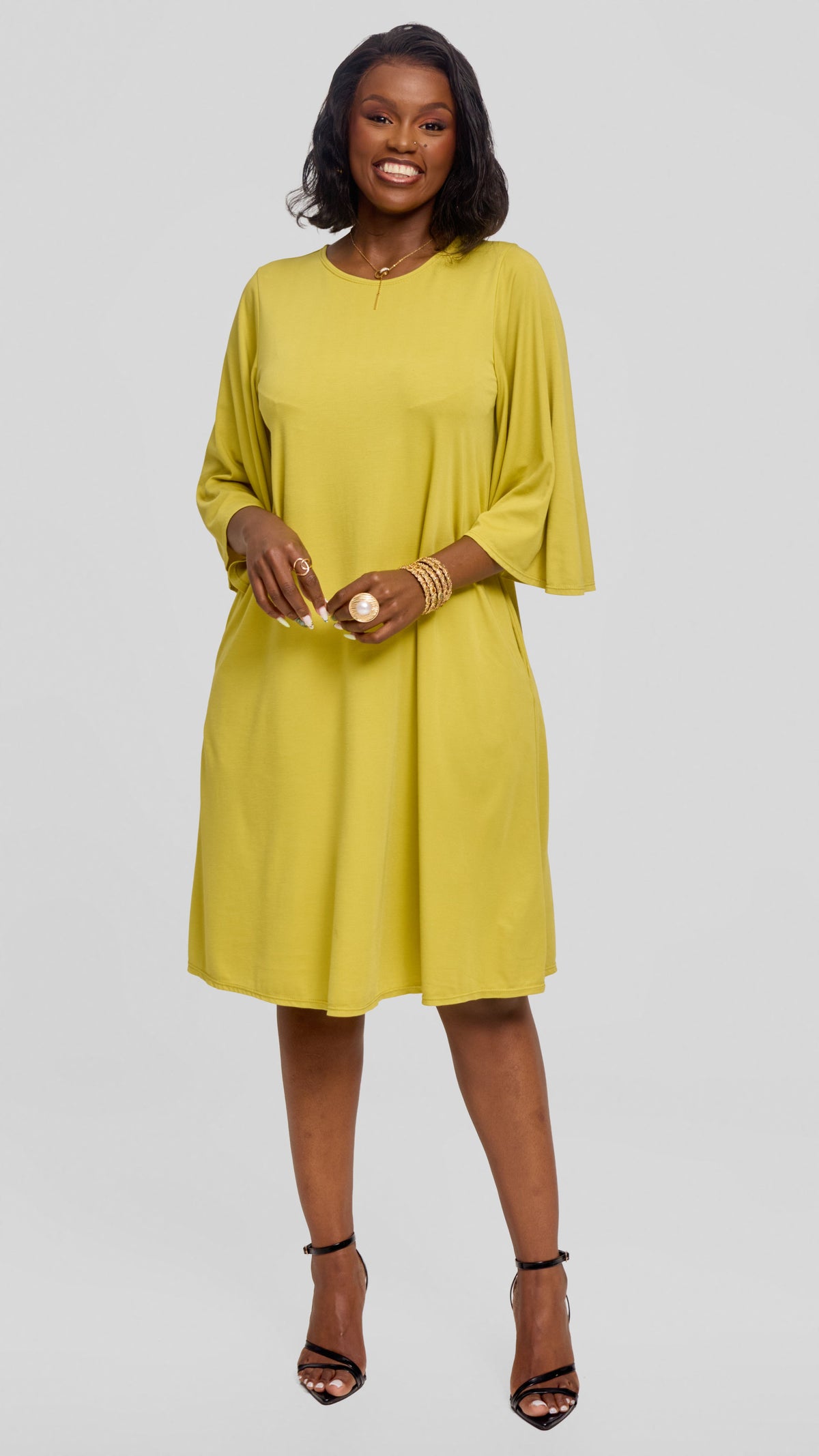 Vivo Flared Sleeve Dress in Ponte - Lime Green