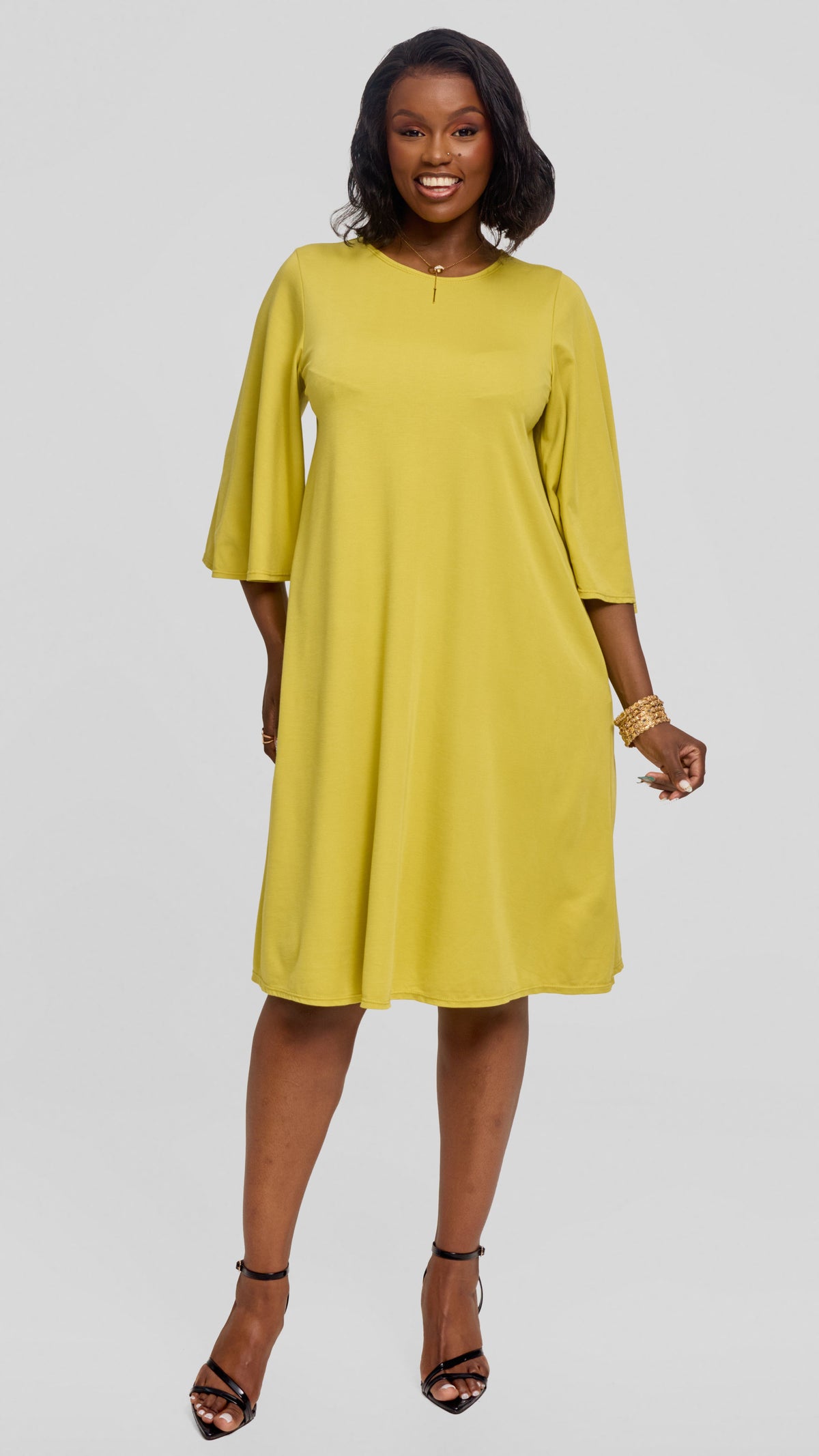 Vivo Flared Sleeve Dress in Ponte - Lime Green