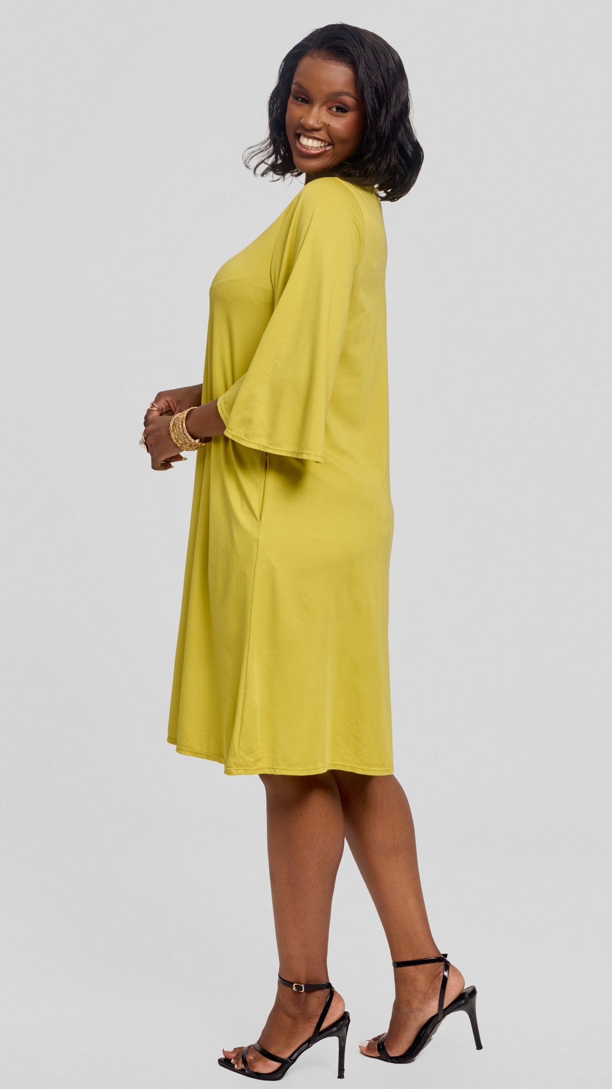 Vivo Flared Sleeve Dress in Ponte - Lime Green