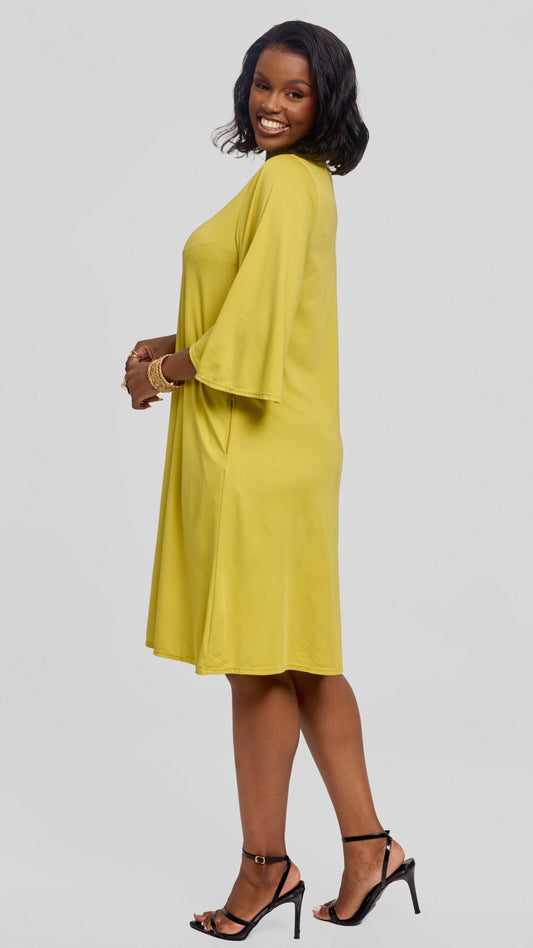 Vivo Flared Sleeve Dress in Ponte - Lime Green