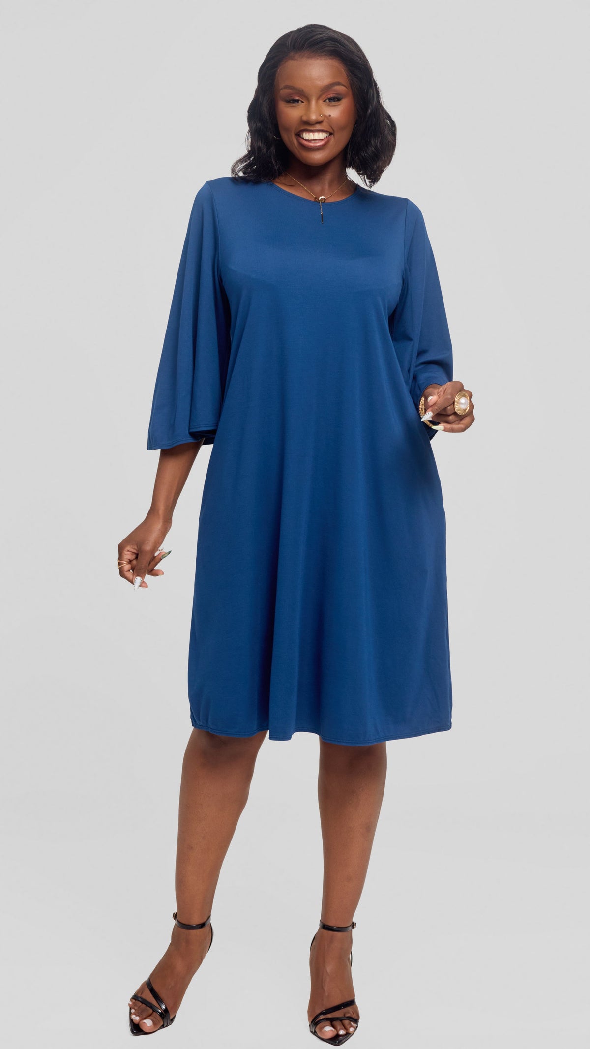 Vivo Flared Sleeve Dress in Ponte - Dark Teal