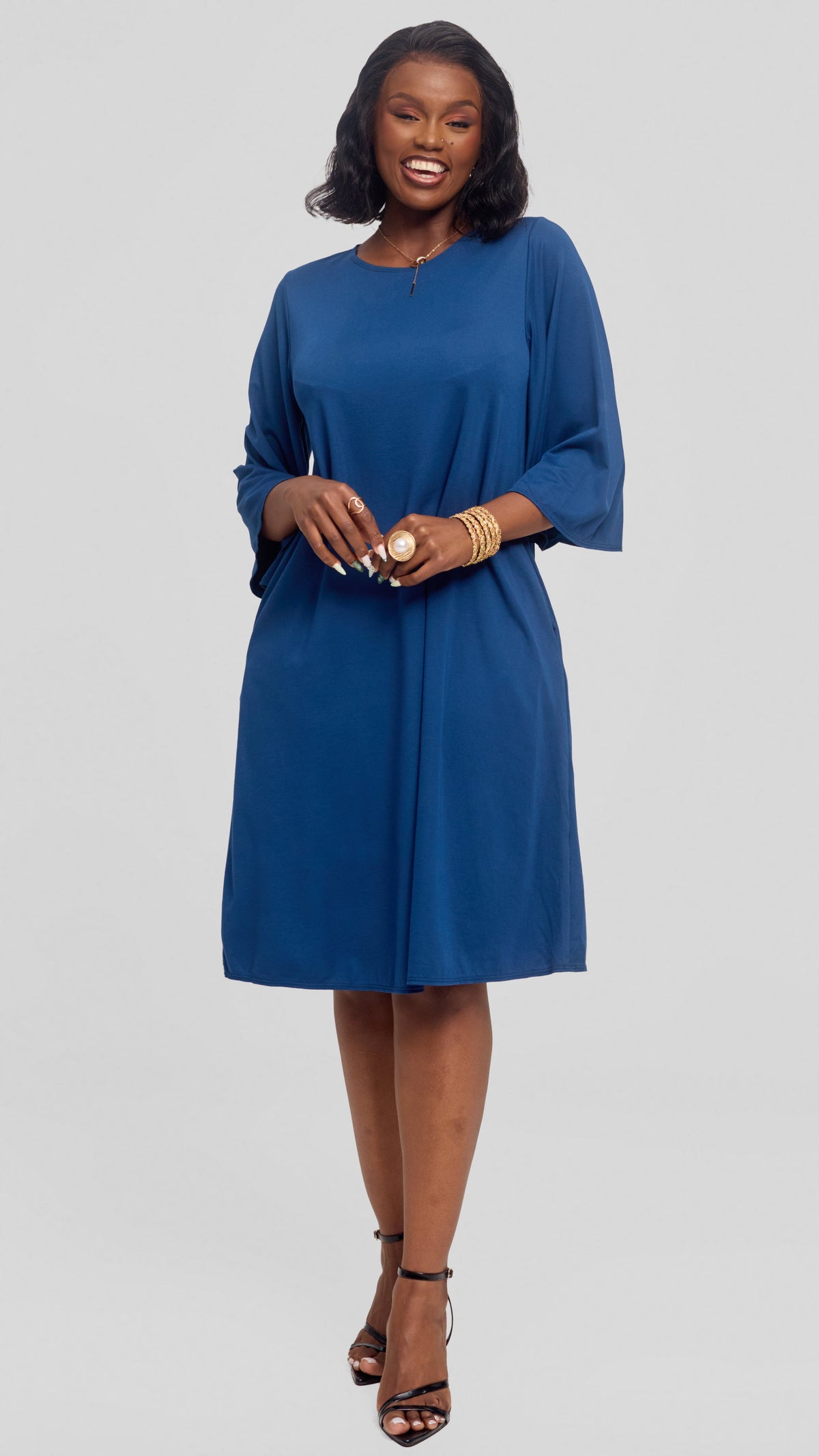 Vivo Flared Sleeve Dress in Ponte - Dark Teal