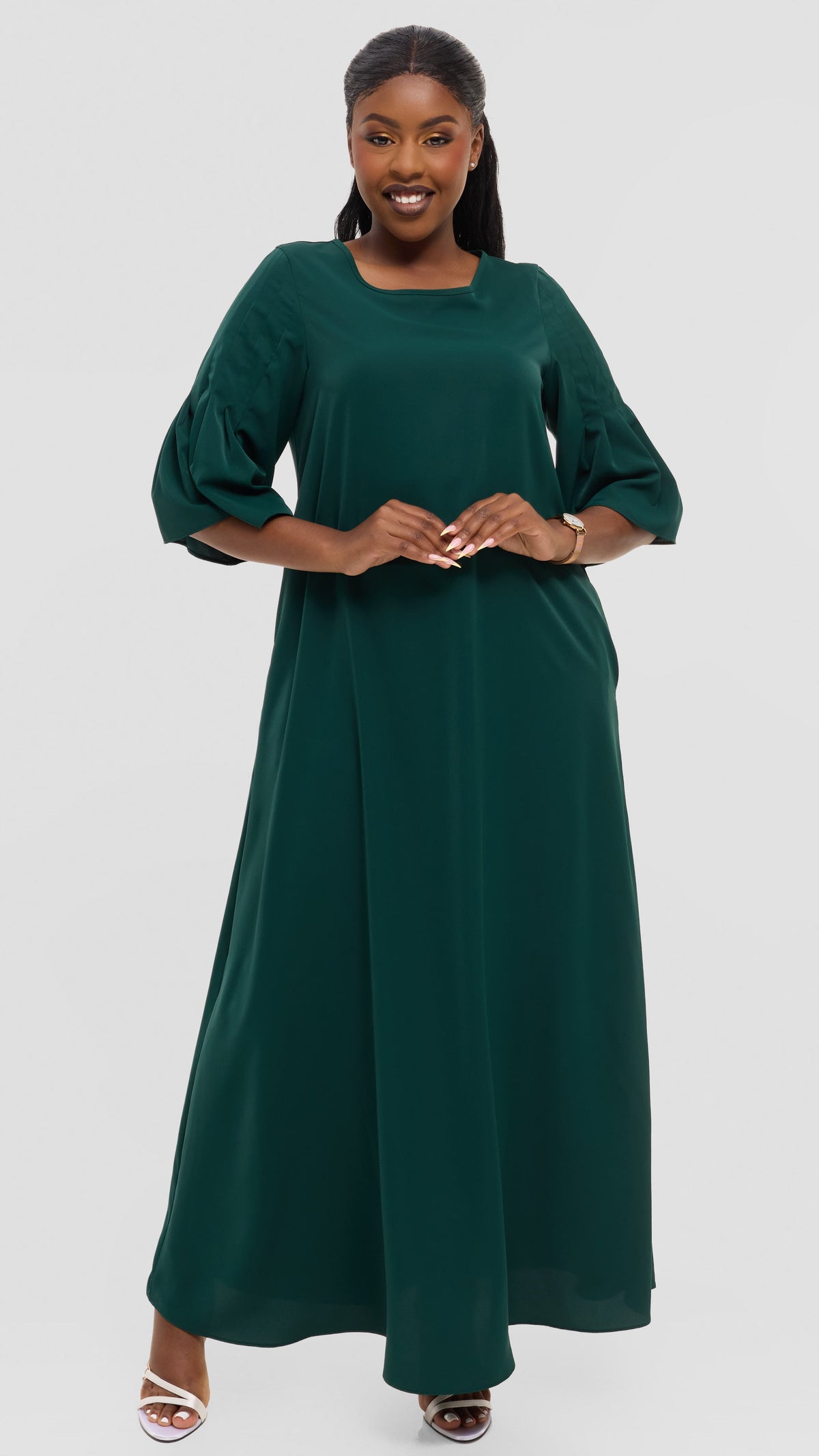 Vivo Pleated Sleeve Maxi Dress in Crepe - Dark Green
