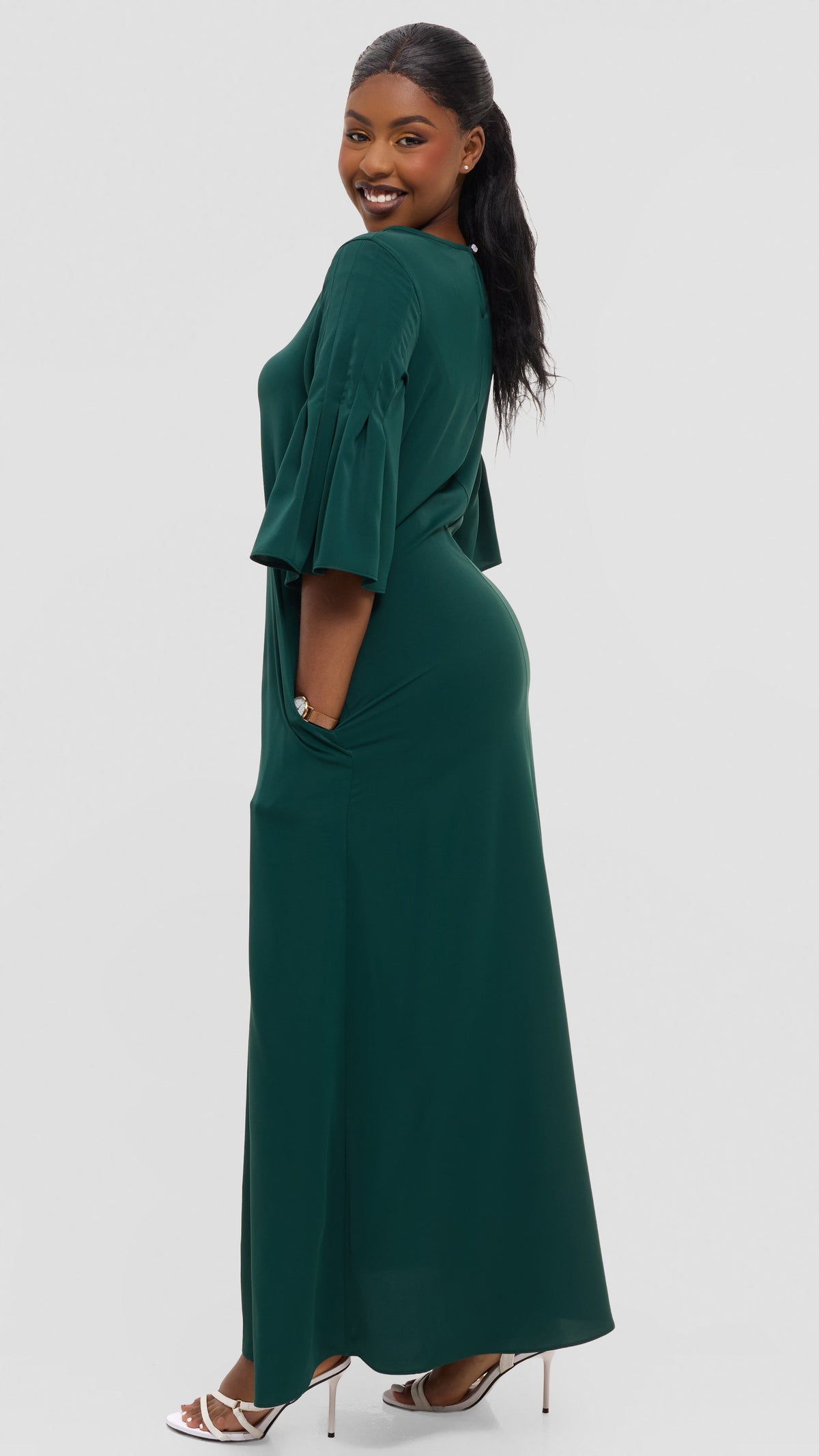 Vivo Pleated Sleeve Maxi Dress in Crepe - Dark Green