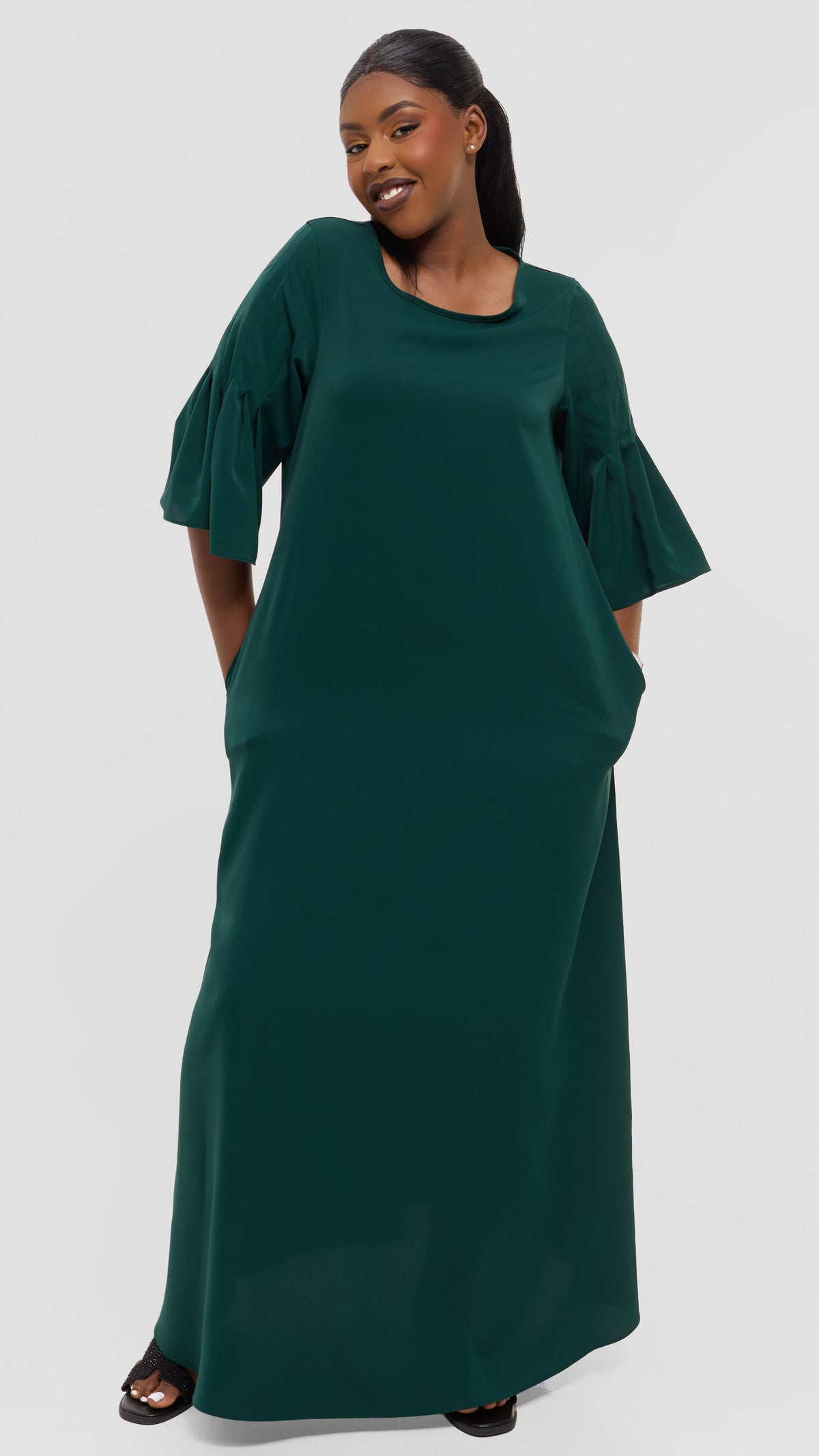 Vivo Pleated Sleeve Maxi Dress in Crepe - Dark Green