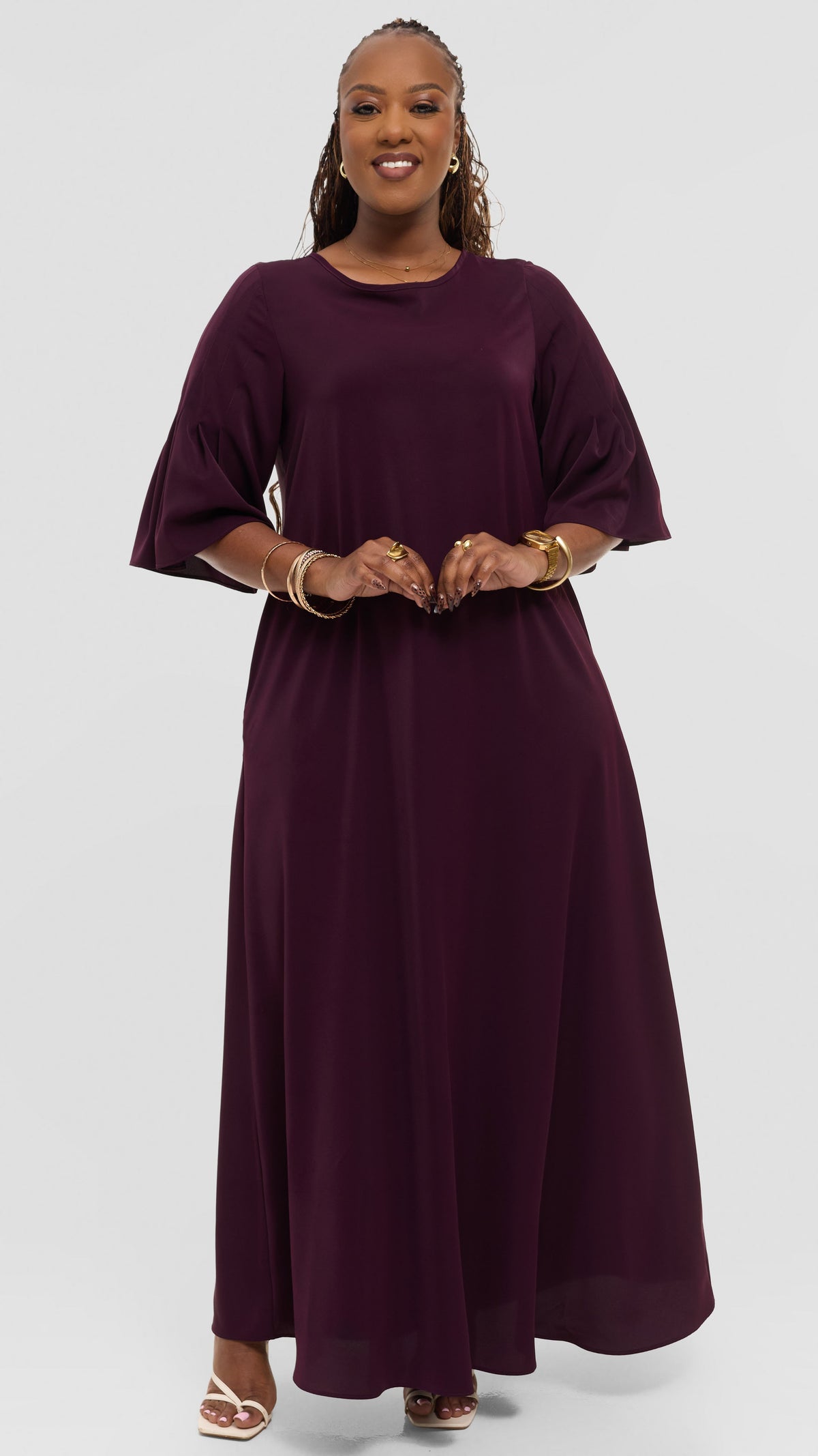 Vivo Pleated Sleeve Maxi Dress in Crepe - Mulberry
