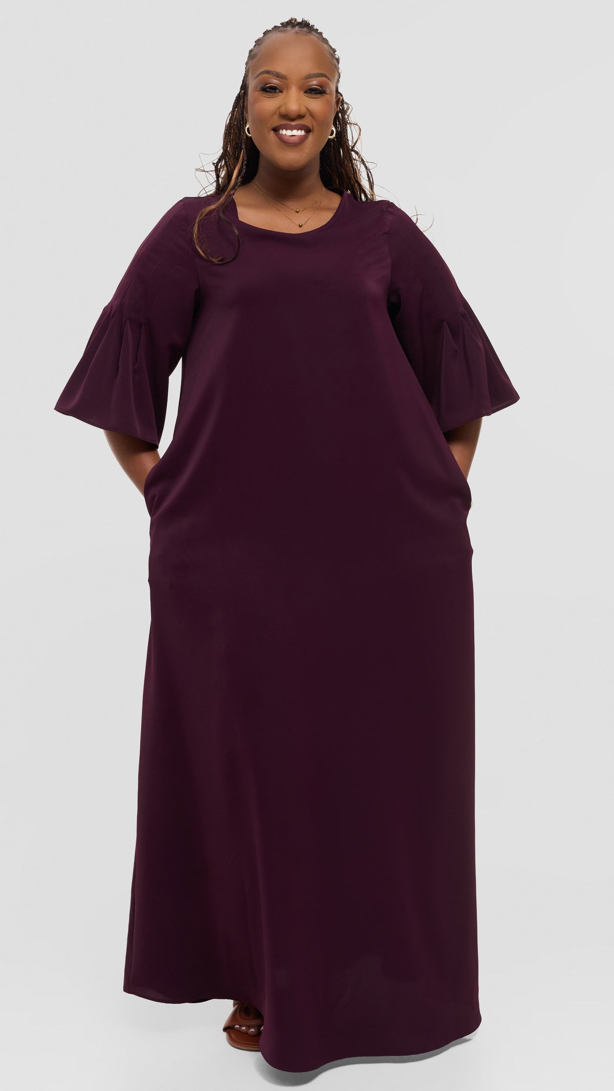 Vivo Pleated Sleeve Maxi Dress in Crepe - Mulberry