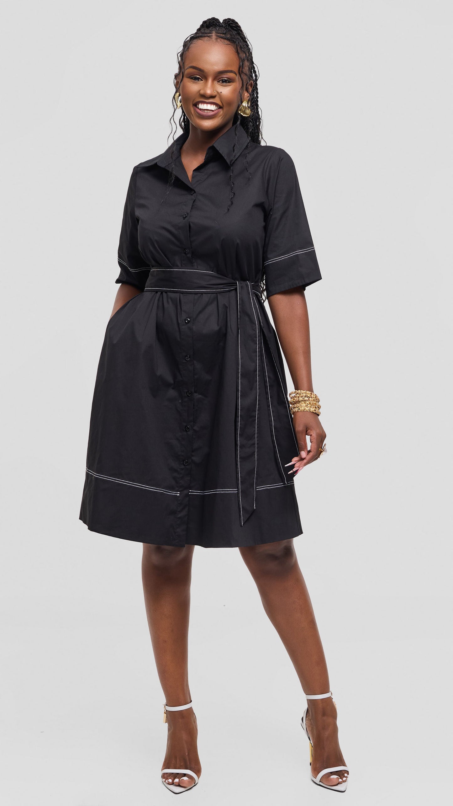 Vivo Lulu Contrast Stitch Tent Dress In Cotton - Black