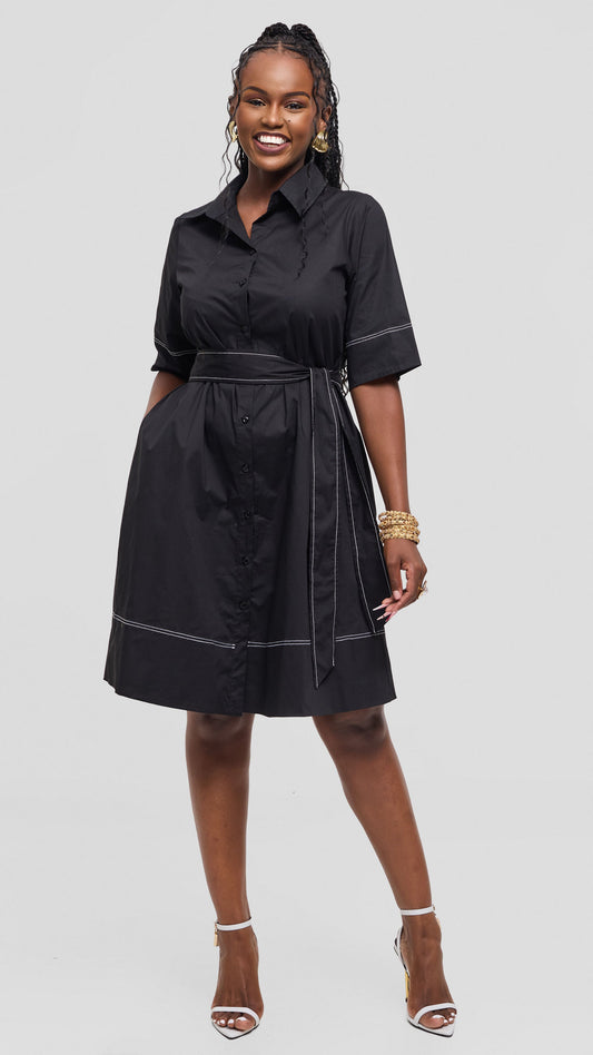 Vivo Lulu Contrast Stitch Tent Dress In Cotton - Black