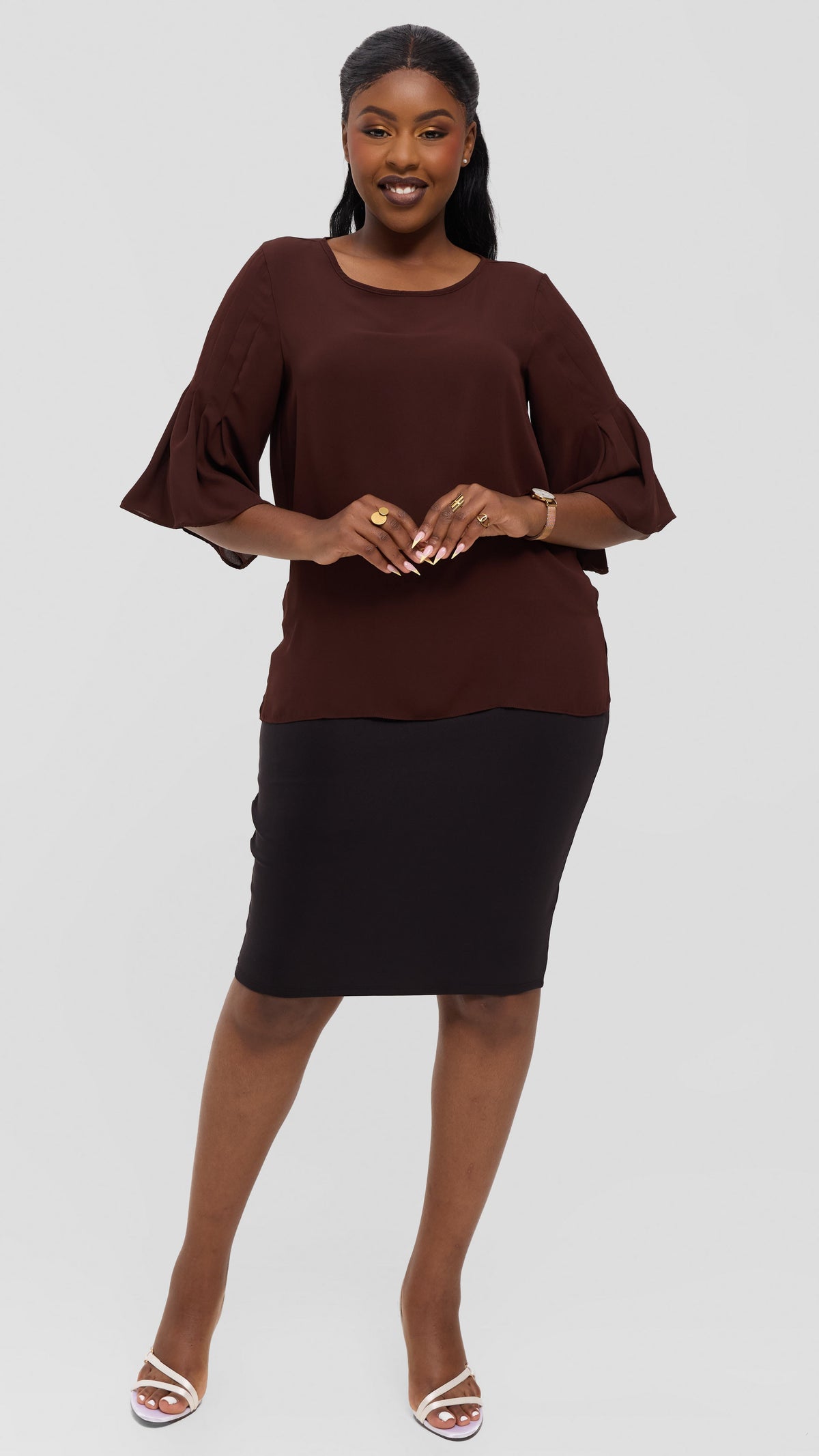 Vivo Pleated Sleeve Top in Chiffon - Dark Brown