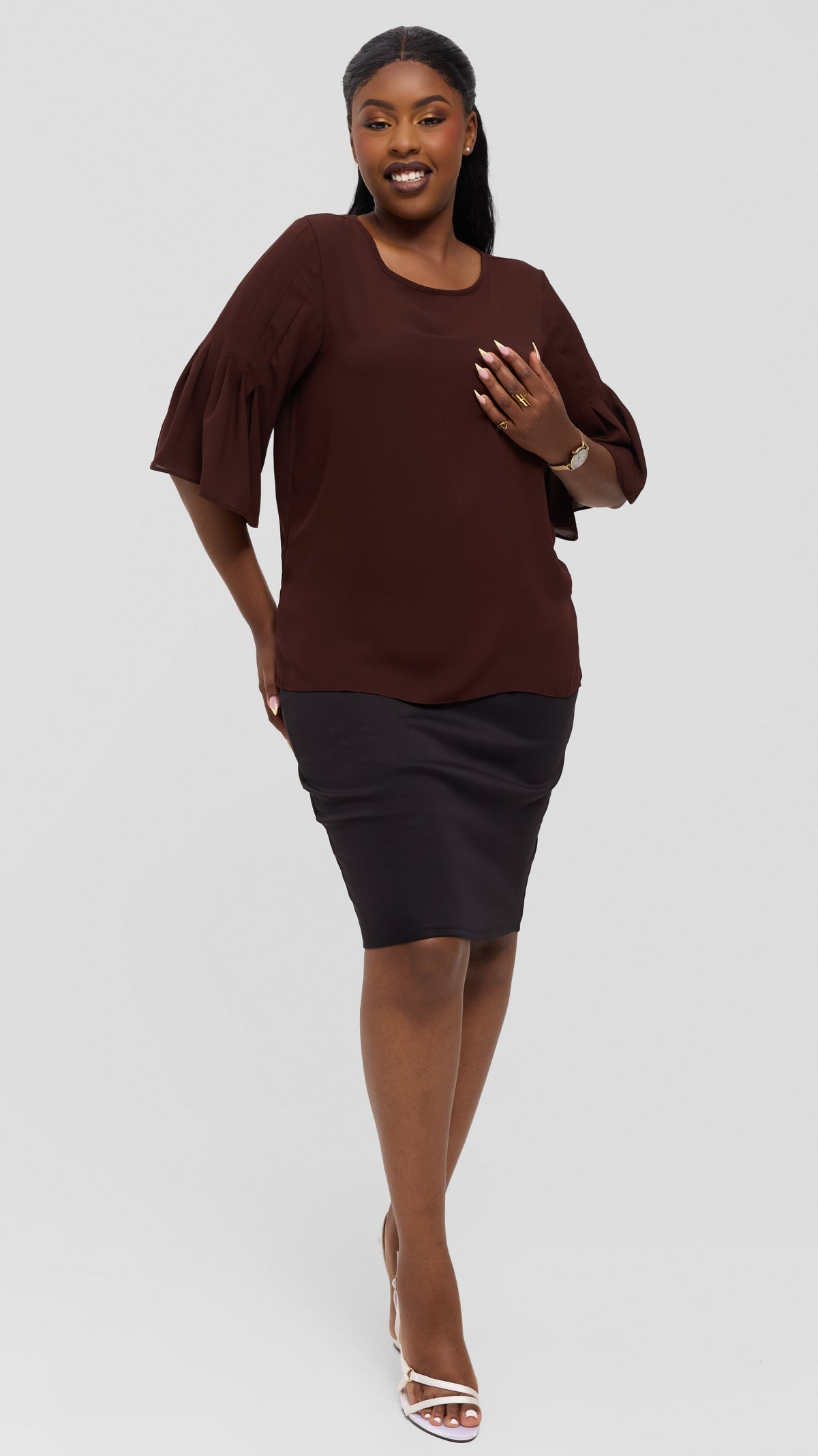 Vivo Pleated Sleeve Top in Chiffon - Dark Brown