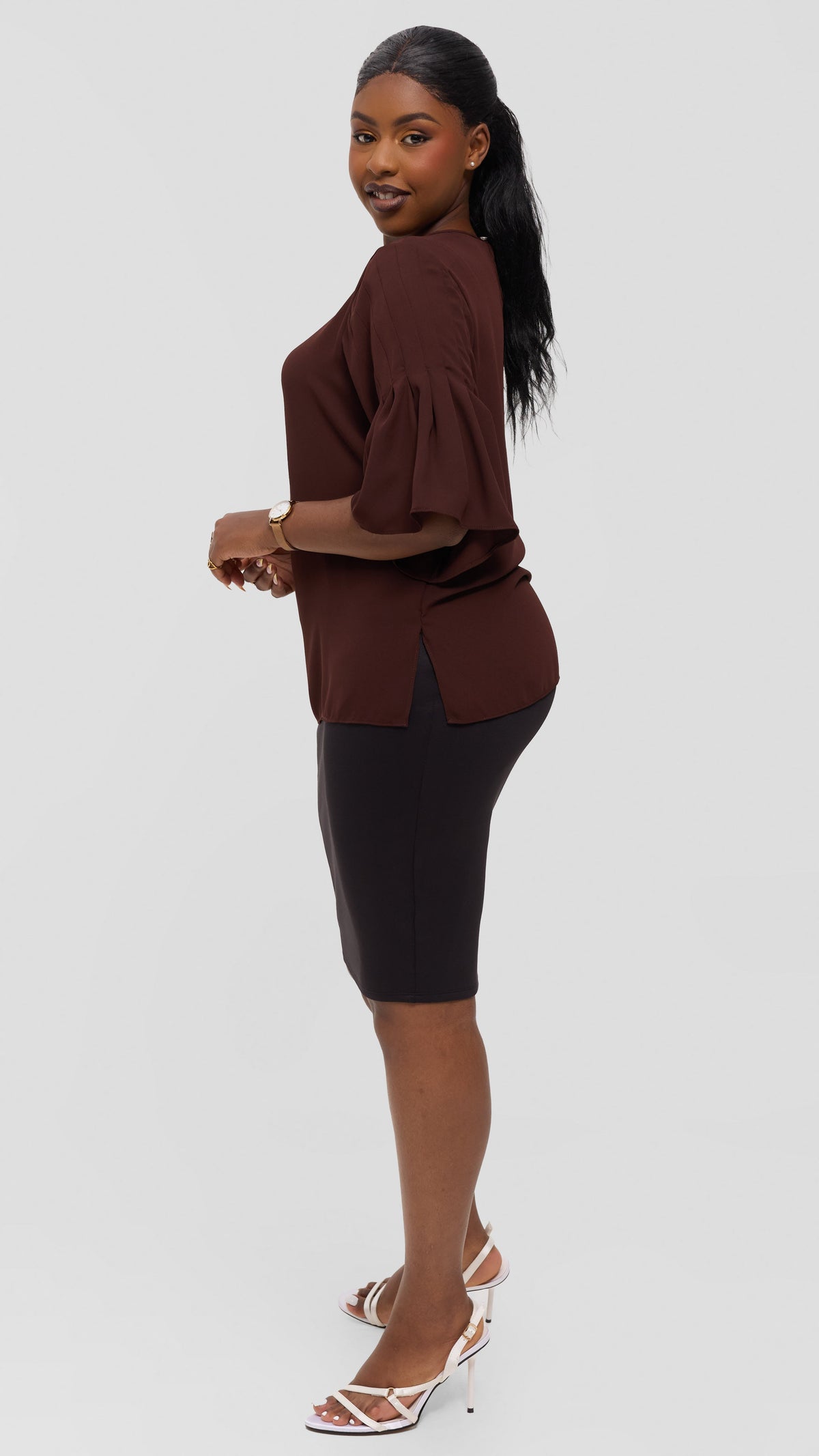 Vivo Pleated Sleeve Top in Chiffon - Dark Brown