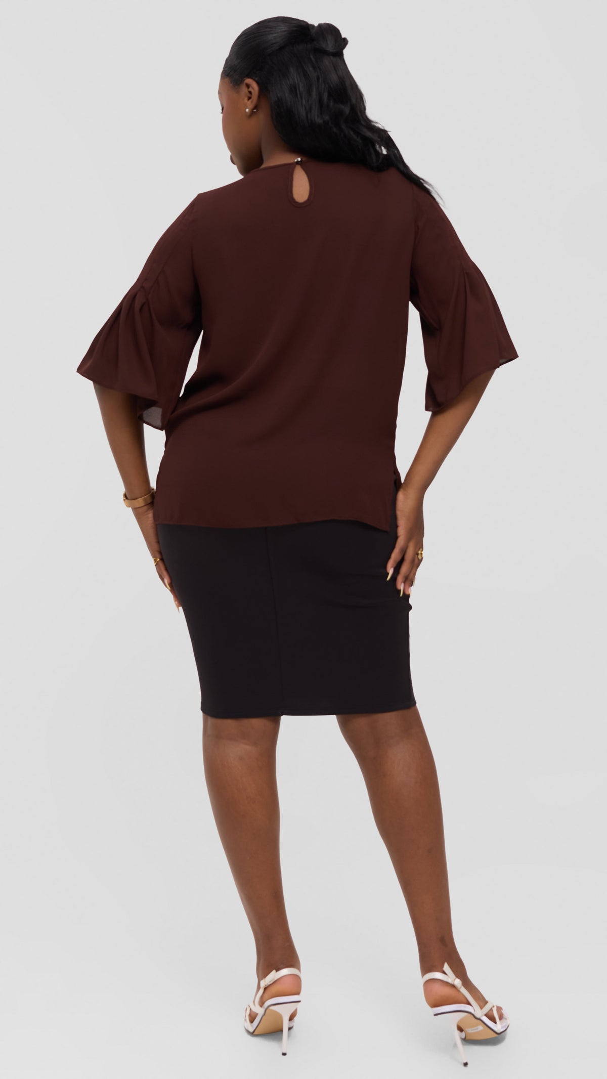 Vivo Pleated Sleeve Top in Chiffon - Dark Brown