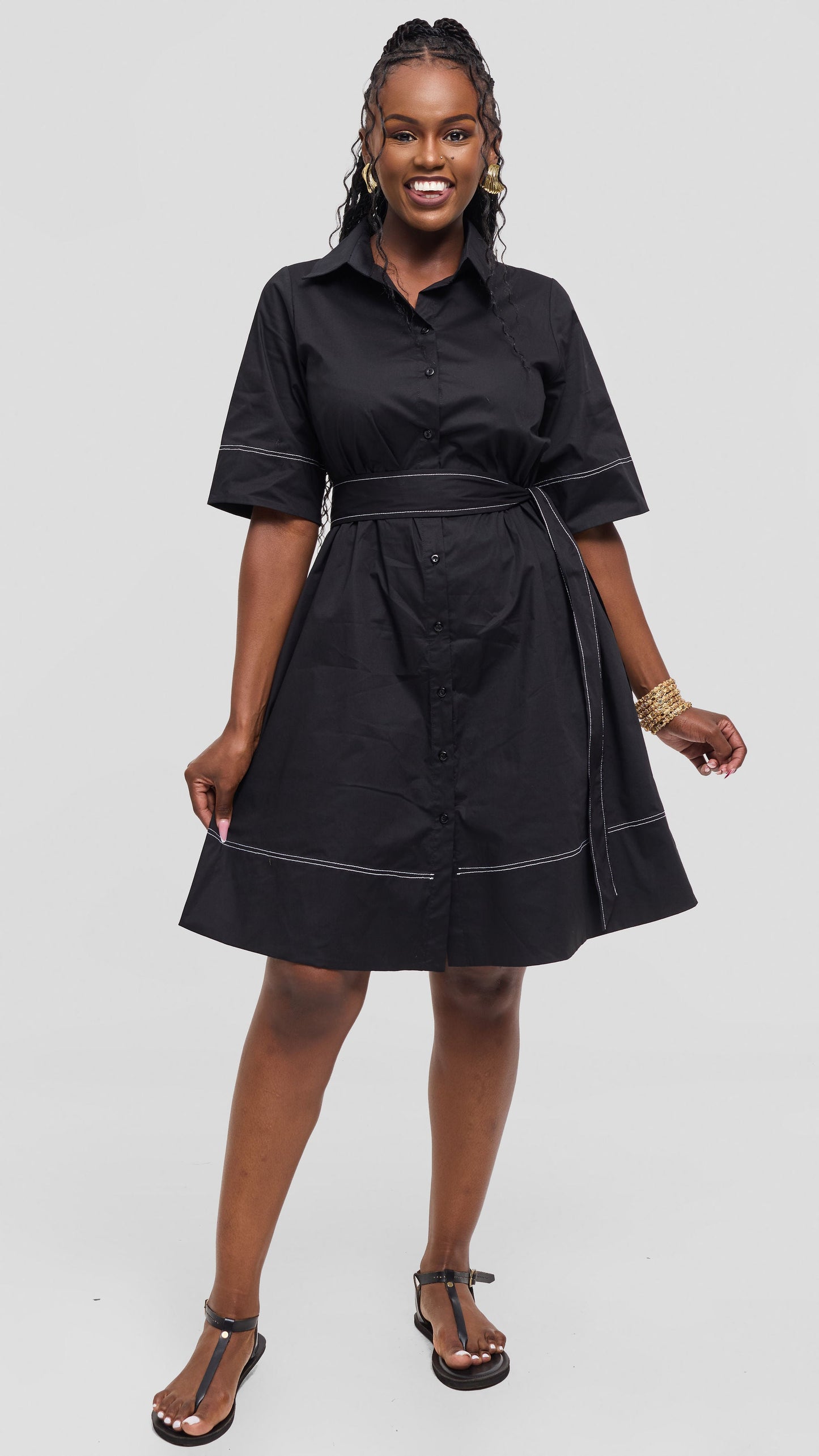 Vivo Lulu Contrast Stitch Tent Dress In Cotton - Black