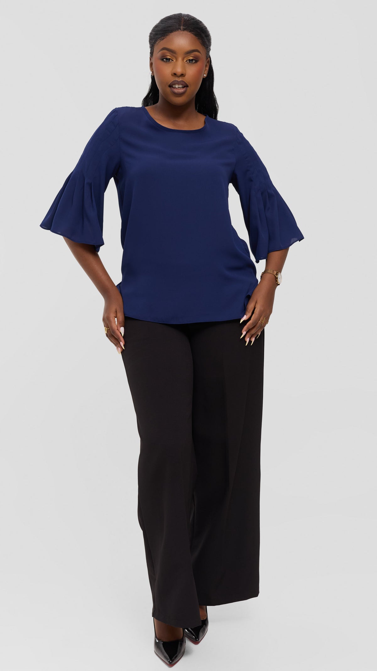 Vivo Pleated Sleeve Top in Chiffon - Navy Blue