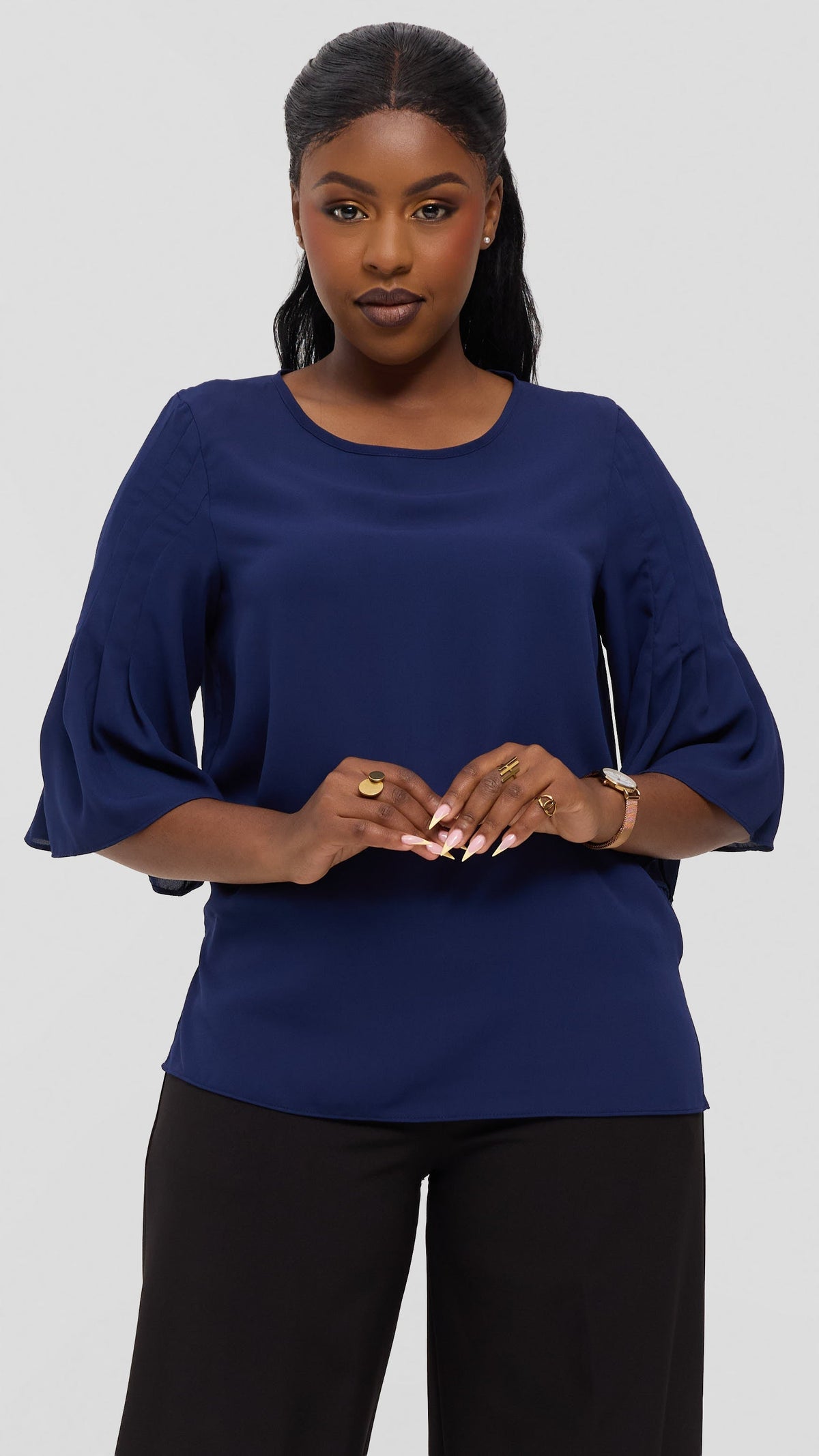 Vivo Pleated Sleeve Top in Chiffon - Navy Blue