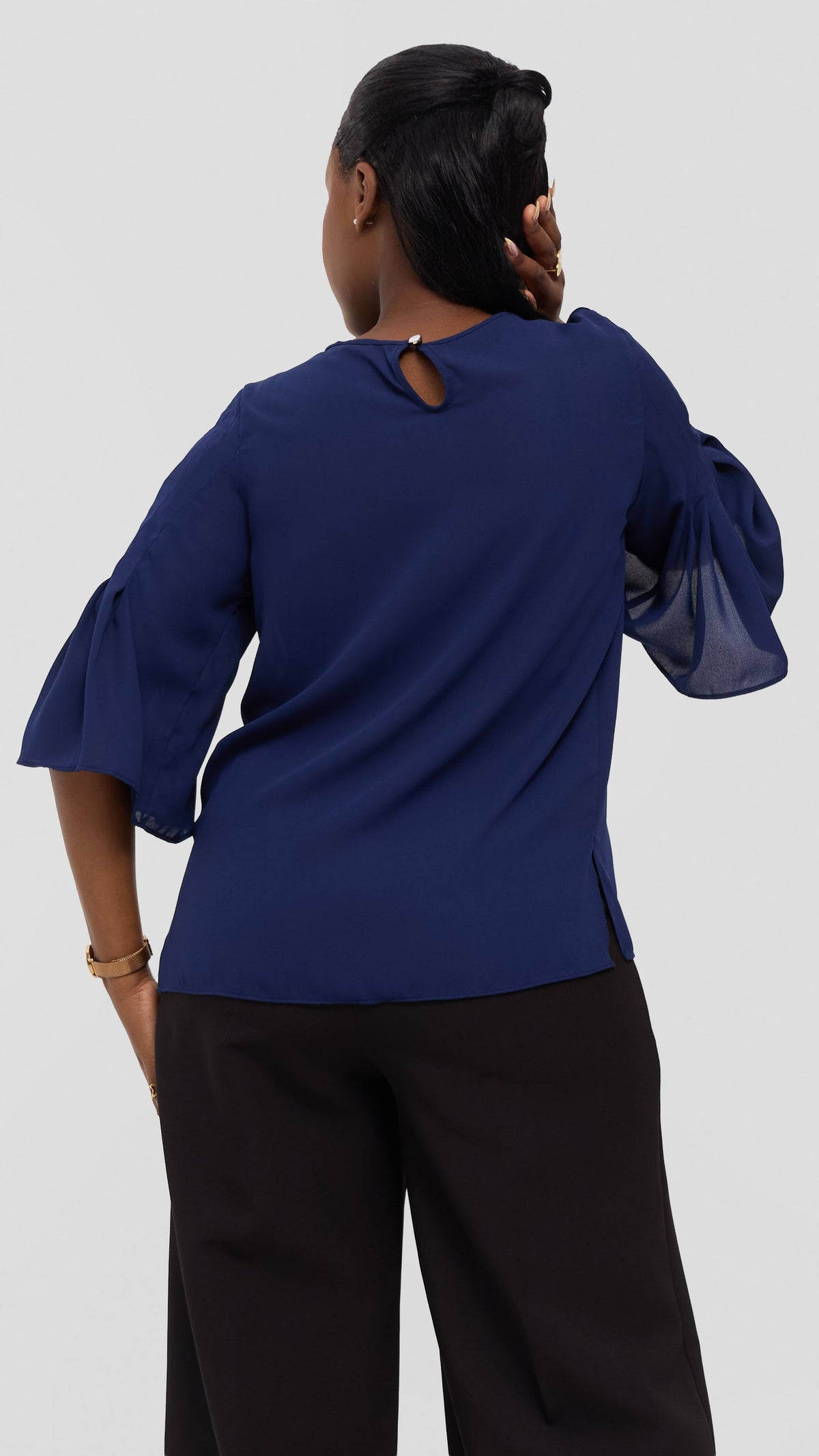 Vivo Pleated Sleeve Top in Chiffon - Navy Blue