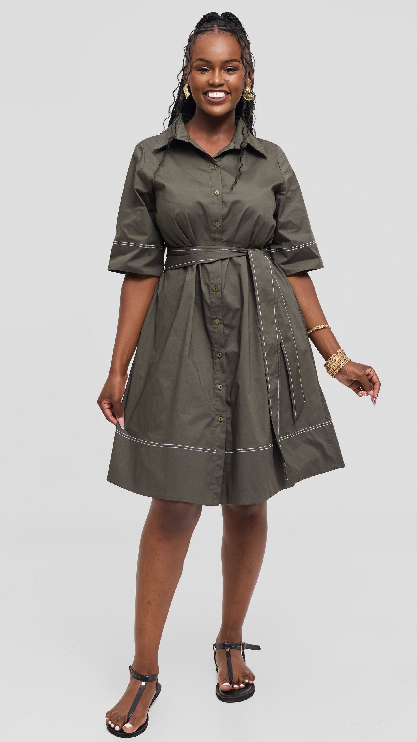 Vivo Lulu Contrast Stitch Tent Dress In Cotton - Hunters
