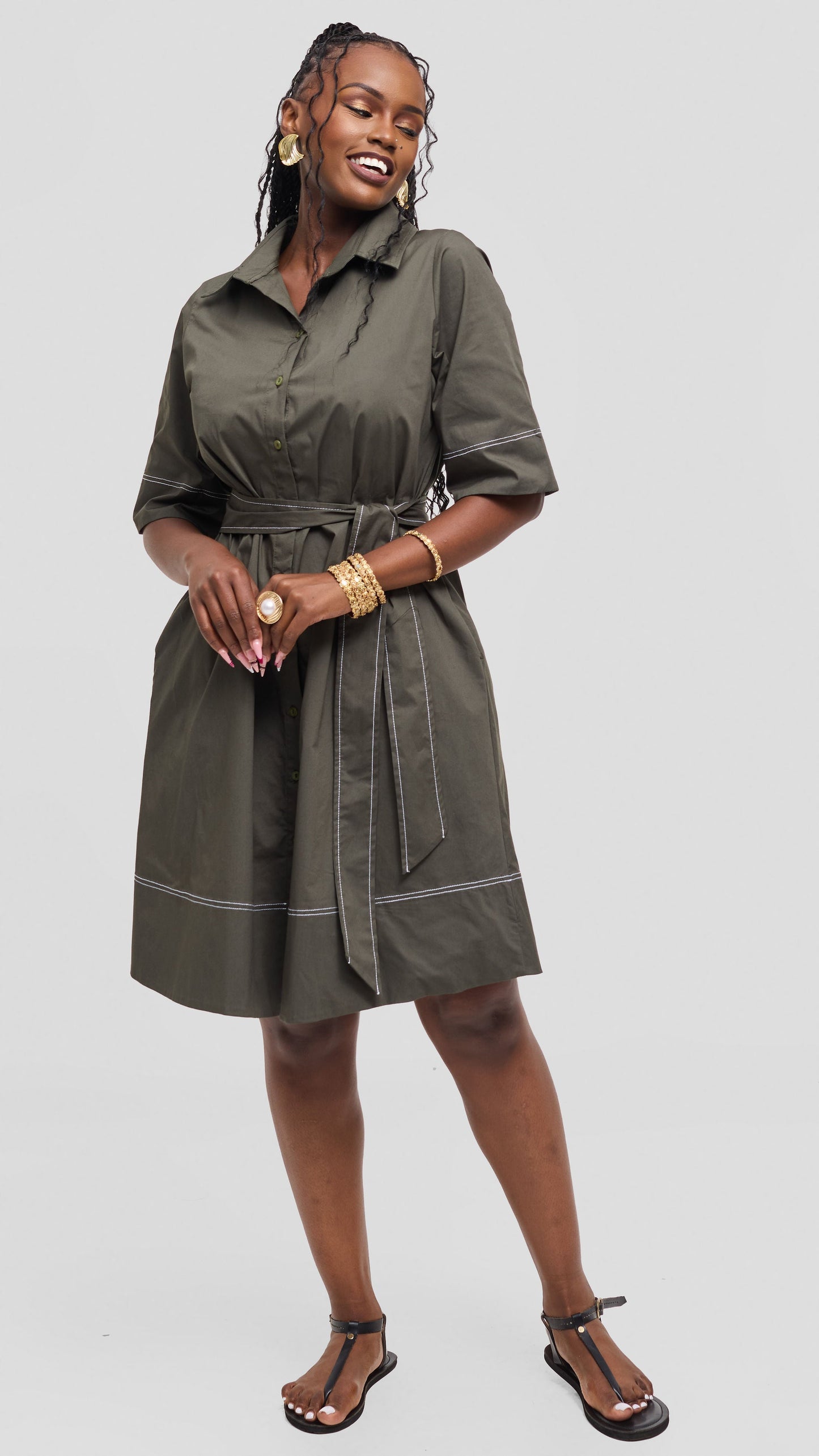 Vivo Lulu Contrast Stitch Tent Dress In Cotton - Hunters