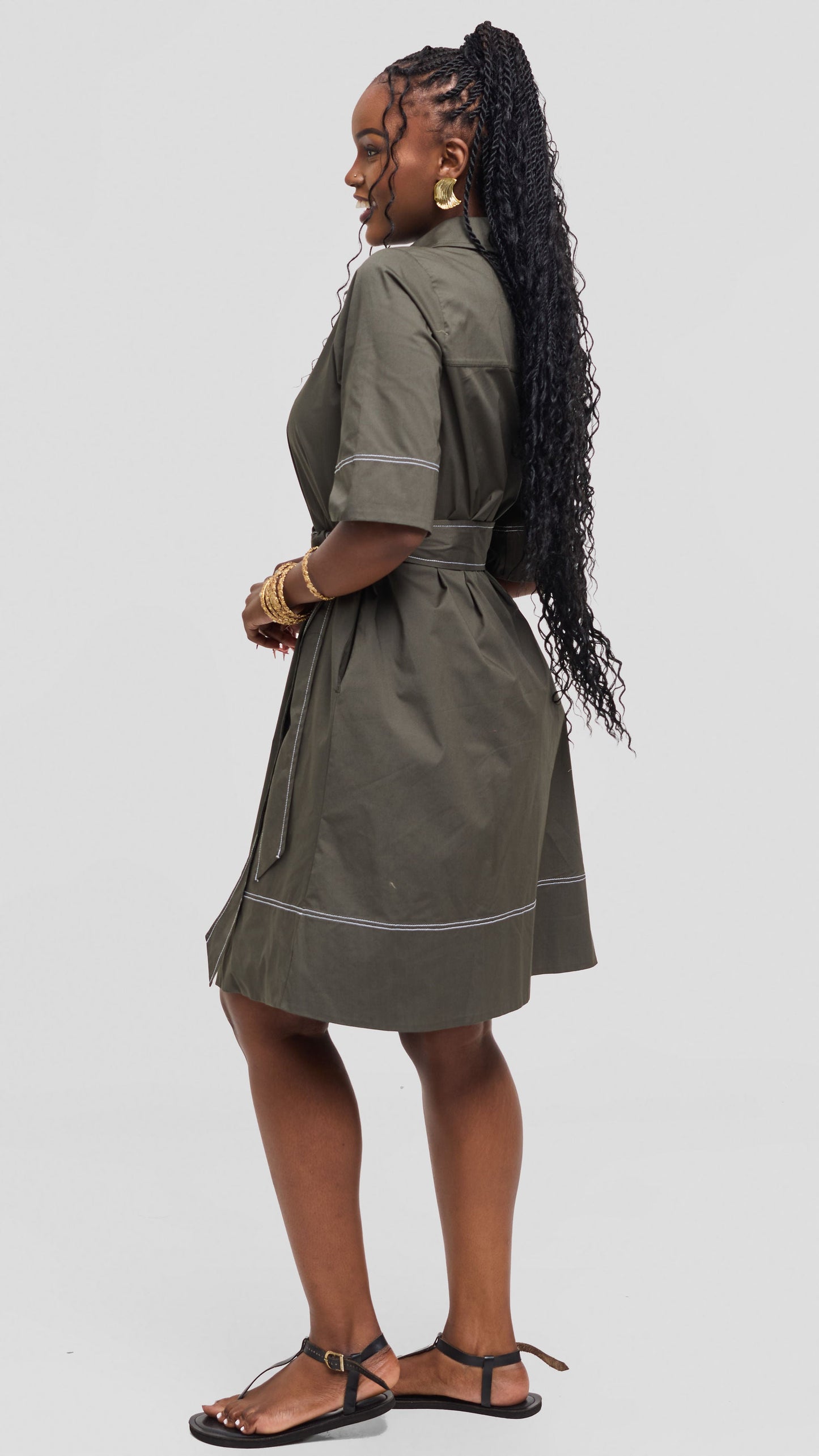 Vivo Lulu Contrast Stitch Tent Dress In Cotton - Hunters