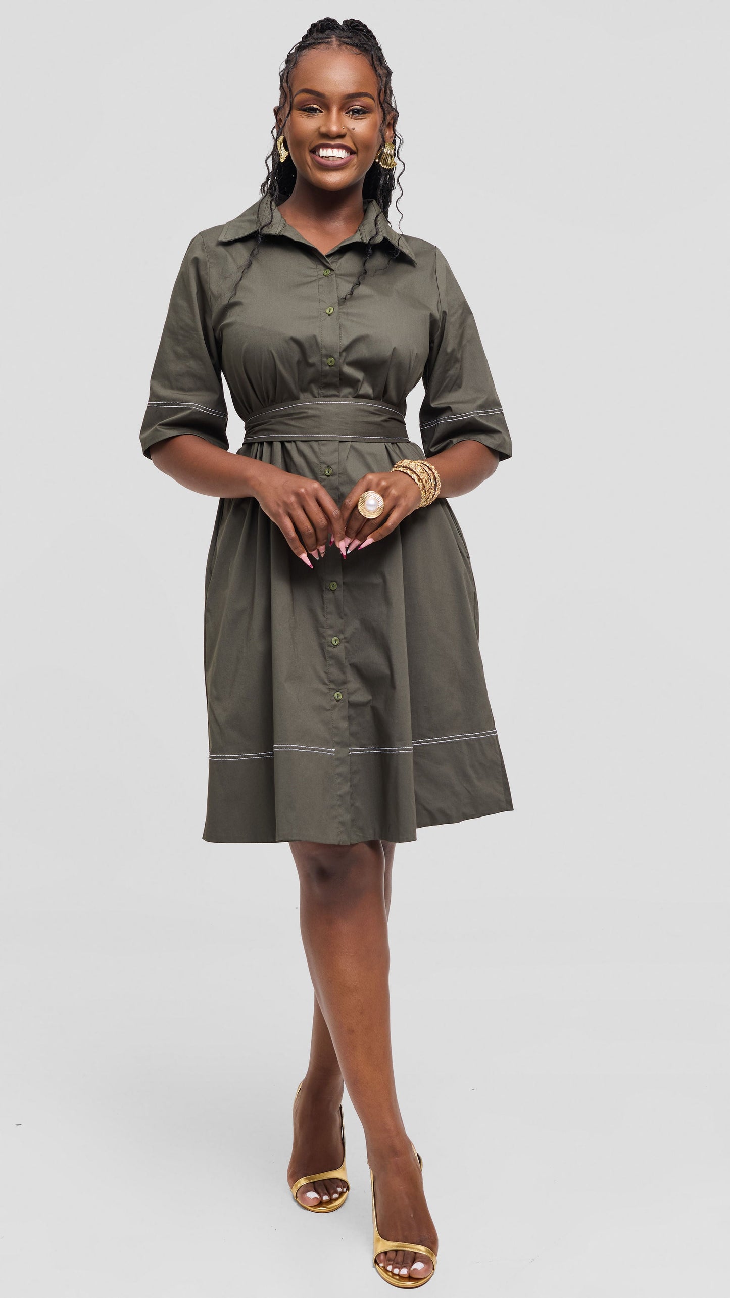 Vivo Lulu Contrast Stitch Tent Dress In Cotton - Hunters