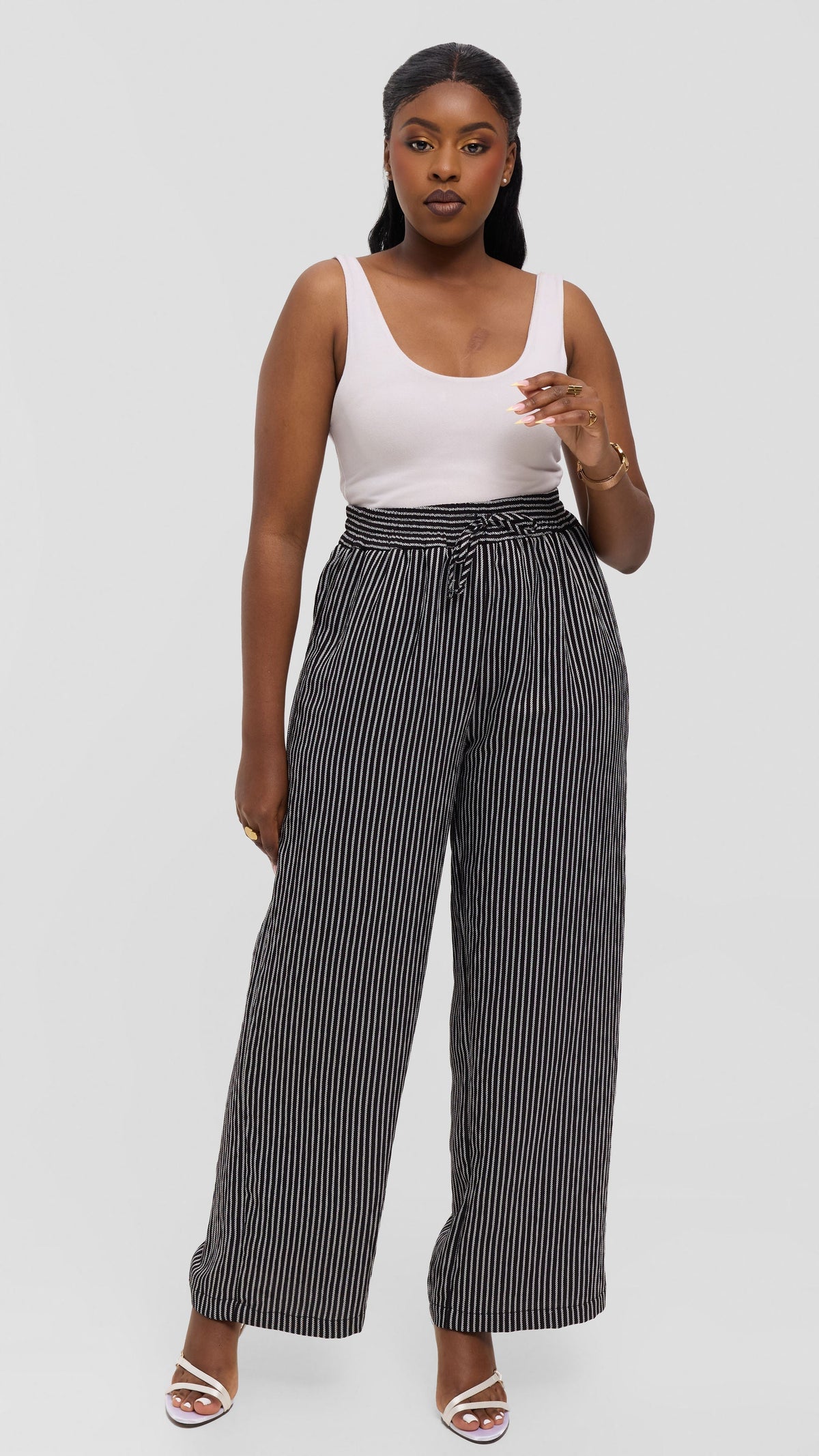 Vivo Drawstring Wide Leg Pants in Crepe - Navy Blue / White Stripes