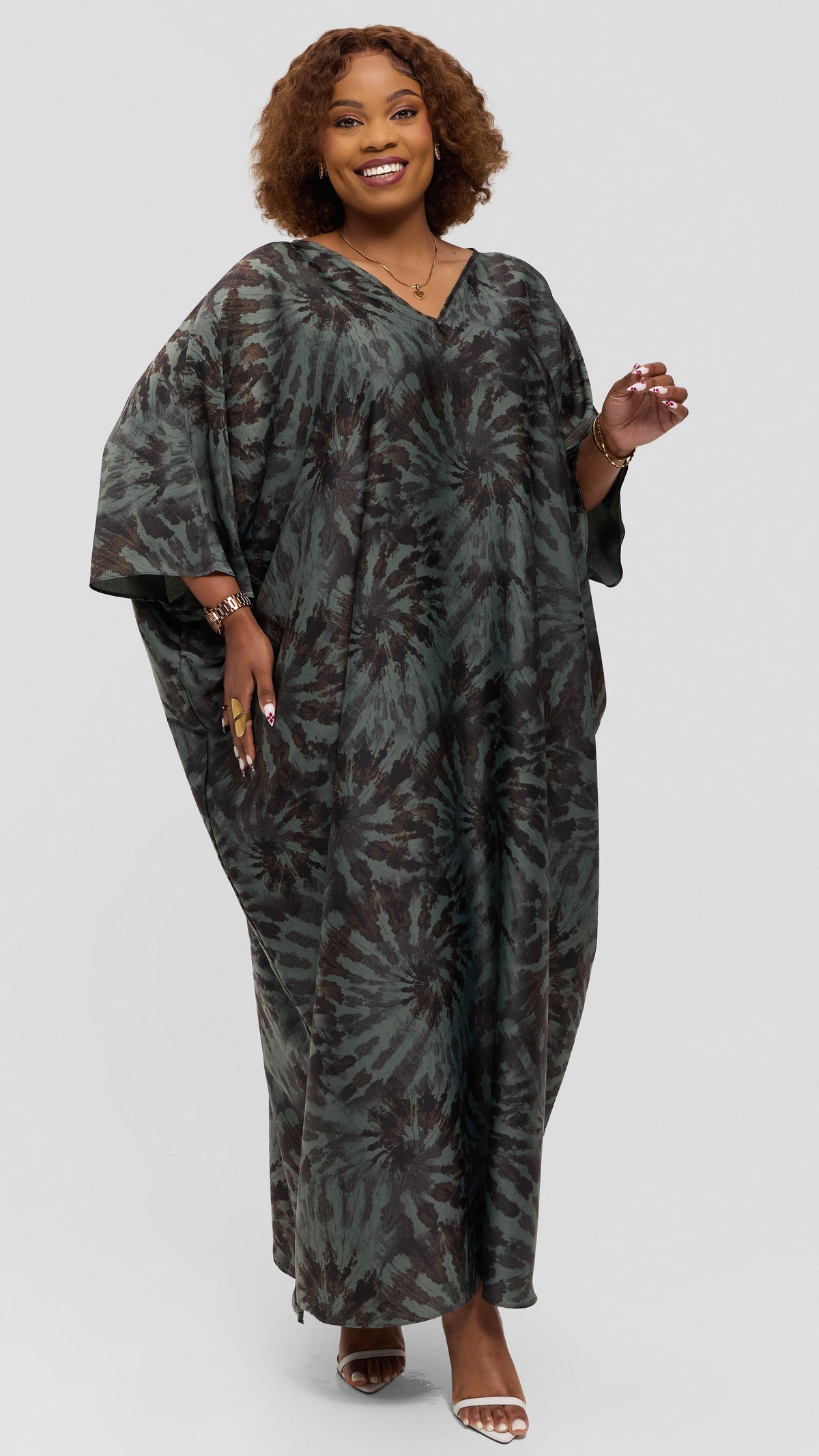 Vivo Keza V-Neck Maxi Kaftan in Satin - Mint Green / Brown Print
