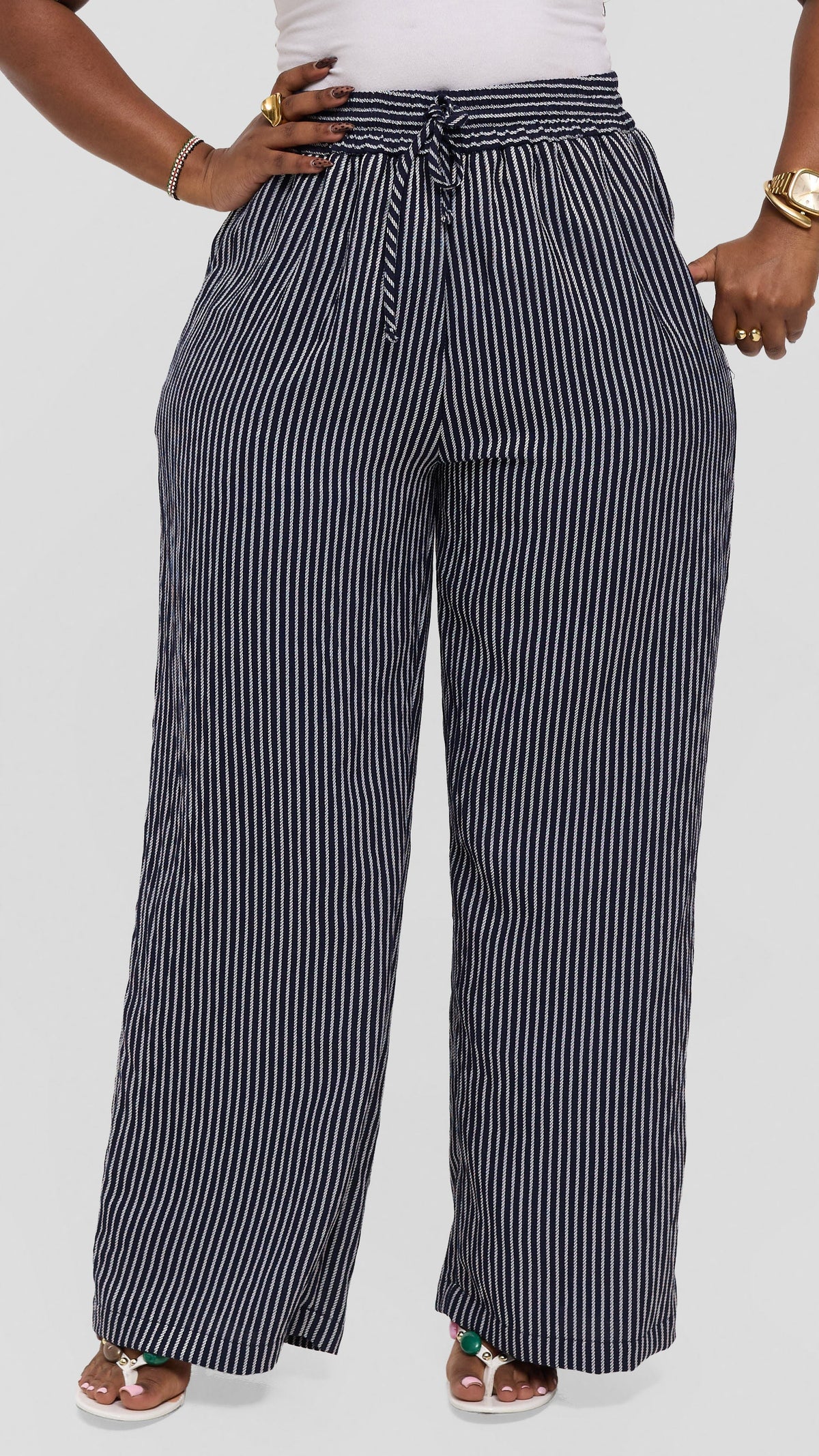 Vivo Drawstring Wide Leg Pants in Crepe - Navy Blue / White Stripes