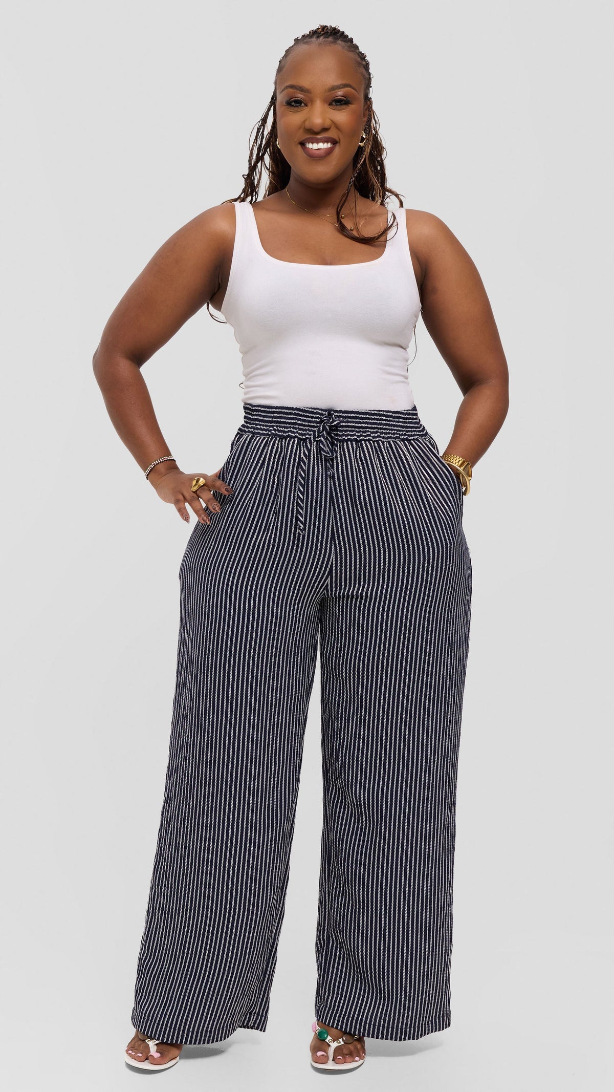 Vivo Drawstring Wide Leg Pants in Crepe - Navy Blue / White Stripes