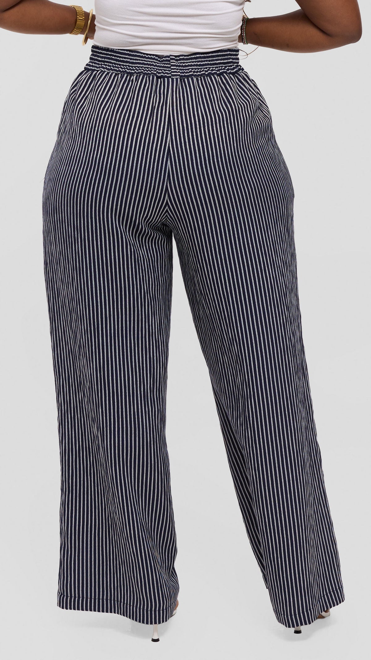 Vivo Drawstring Wide Leg Pants in Crepe - Navy Blue / White Stripes