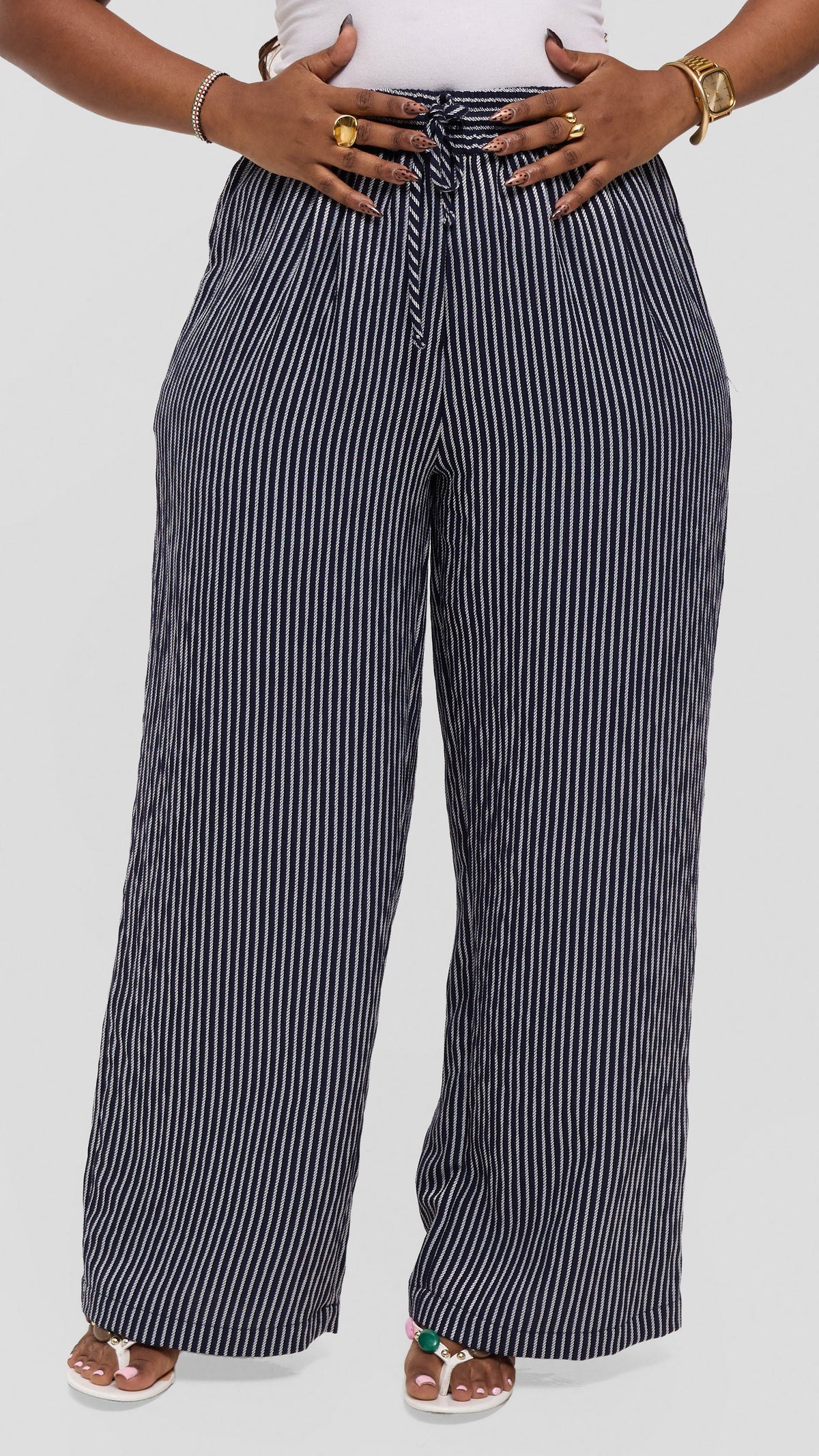 Vivo Drawstring Wide Leg Pants in Crepe - Navy Blue / White Stripes