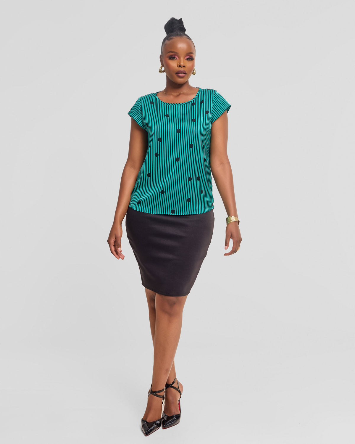 Vivo Basic Double Layered Top in Satin - Sea Green / Black Polstripes