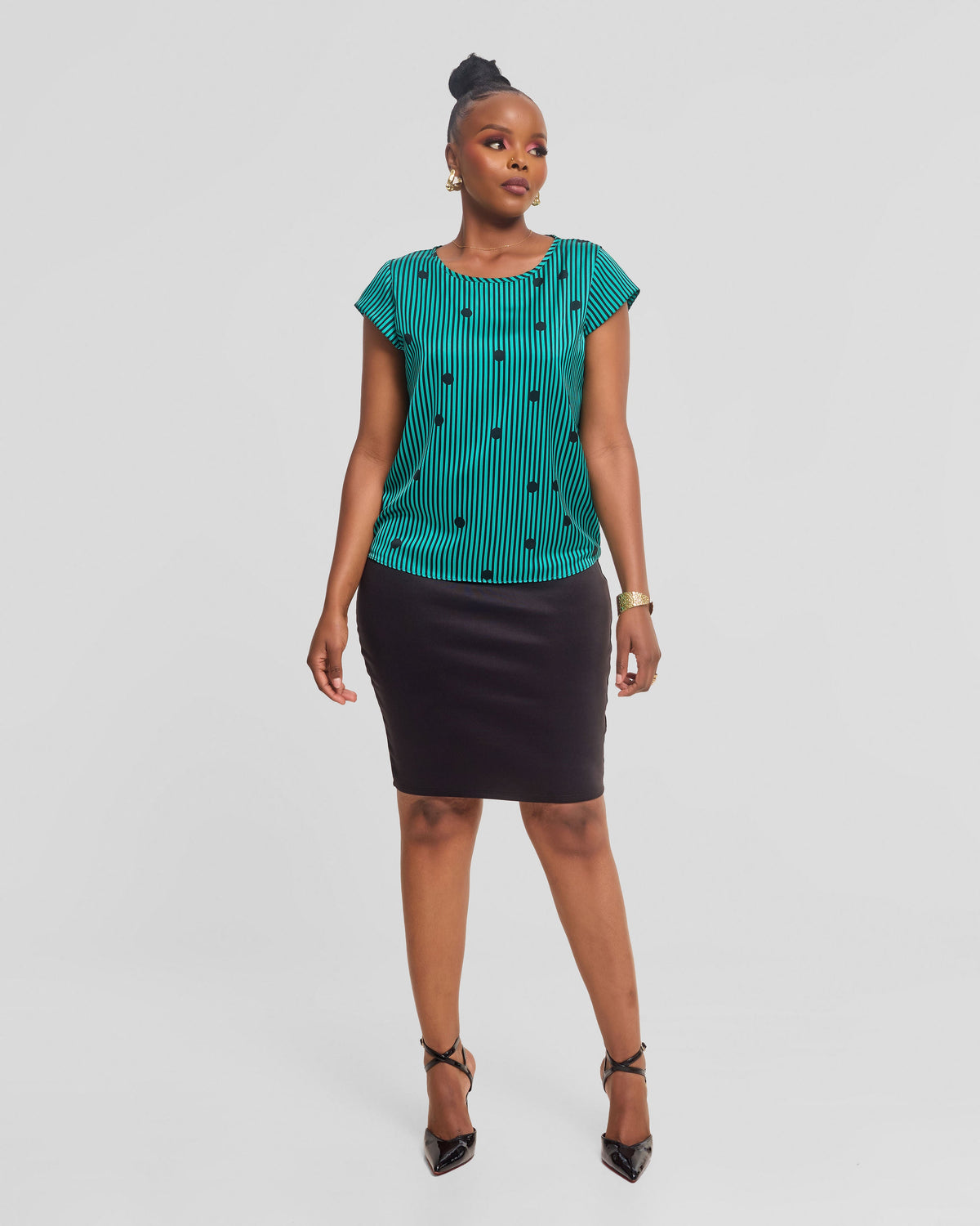 Vivo Basic Double Layered Top in Satin - Sea Green / Black Polstripes
