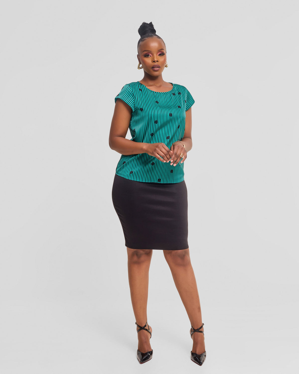 Vivo Basic Double Layered Top in Satin - Sea Green / Black Polstripes
