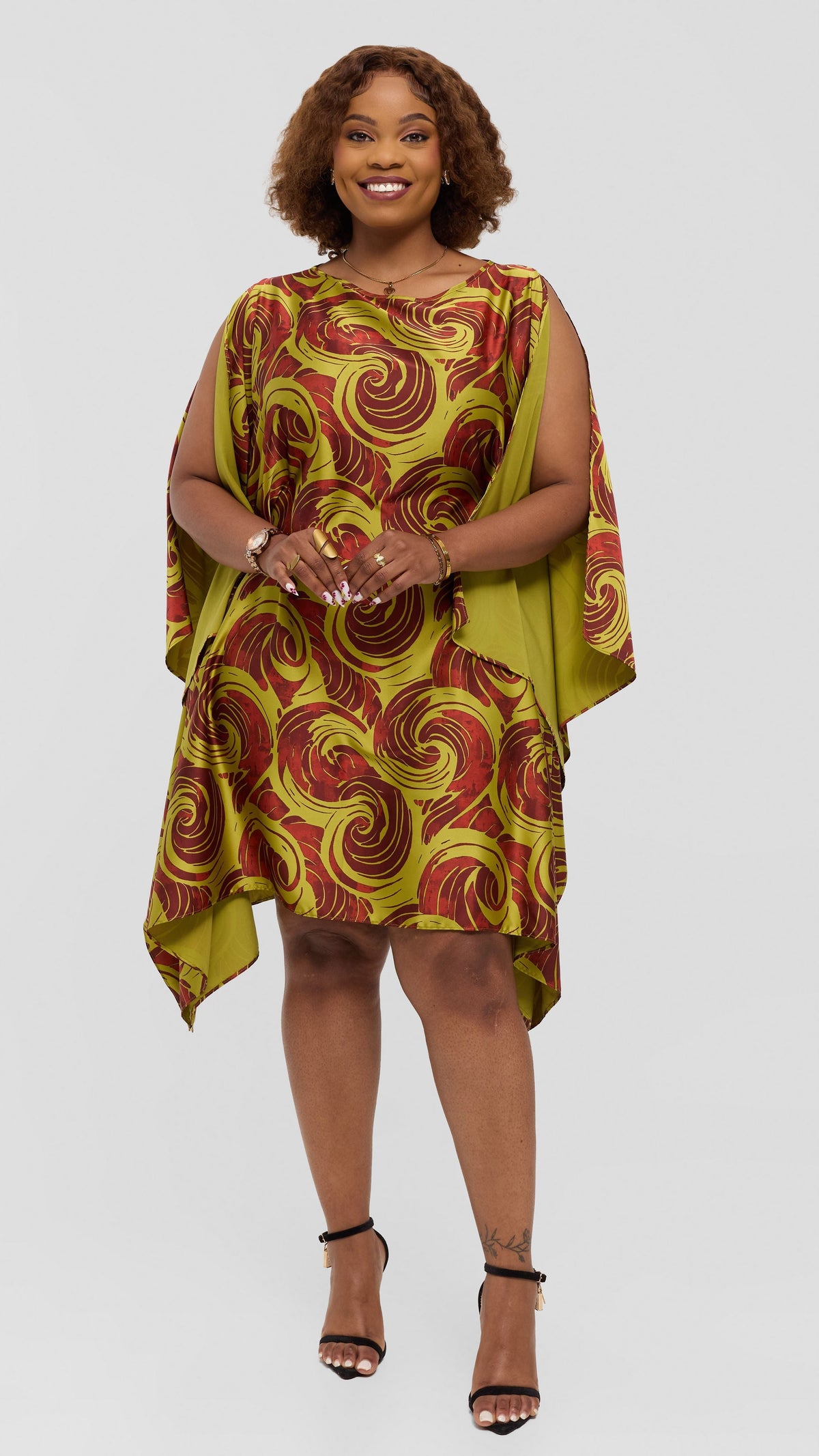 Vivo Knee Length Kaftan In Satin - Olive / Rust Bolo Print