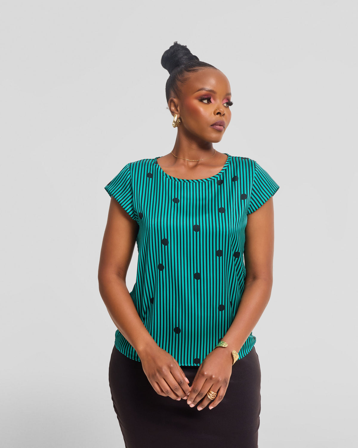 Vivo Basic Double Layered Top in Satin - Sea Green / Black Polstripes
