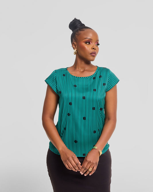 Vivo Basic Double Layered Top in Satin - Sea Green / Black Polstripes