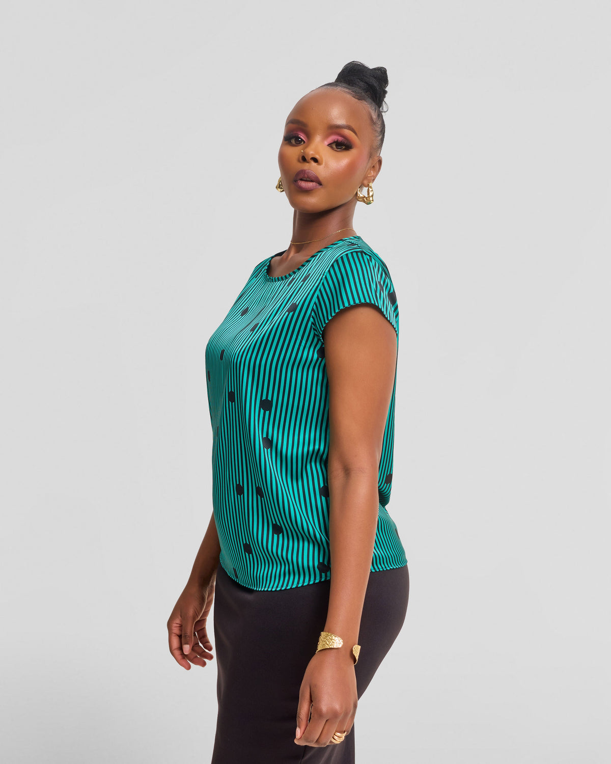 Vivo Basic Double Layered Top in Satin - Sea Green / Black Polstripes