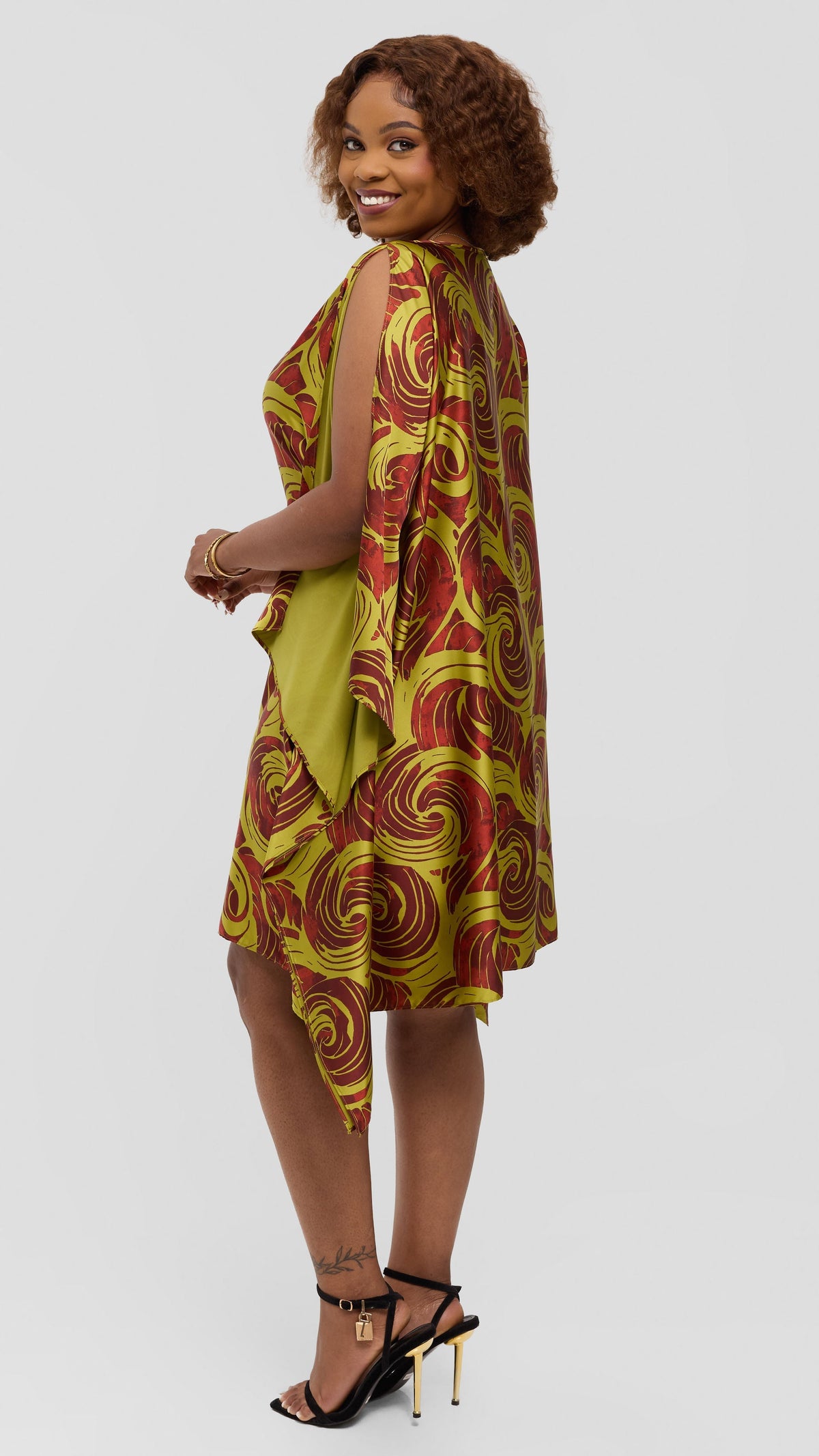 Vivo Knee Length Kaftan In Satin - Olive / Rust Bolo Print