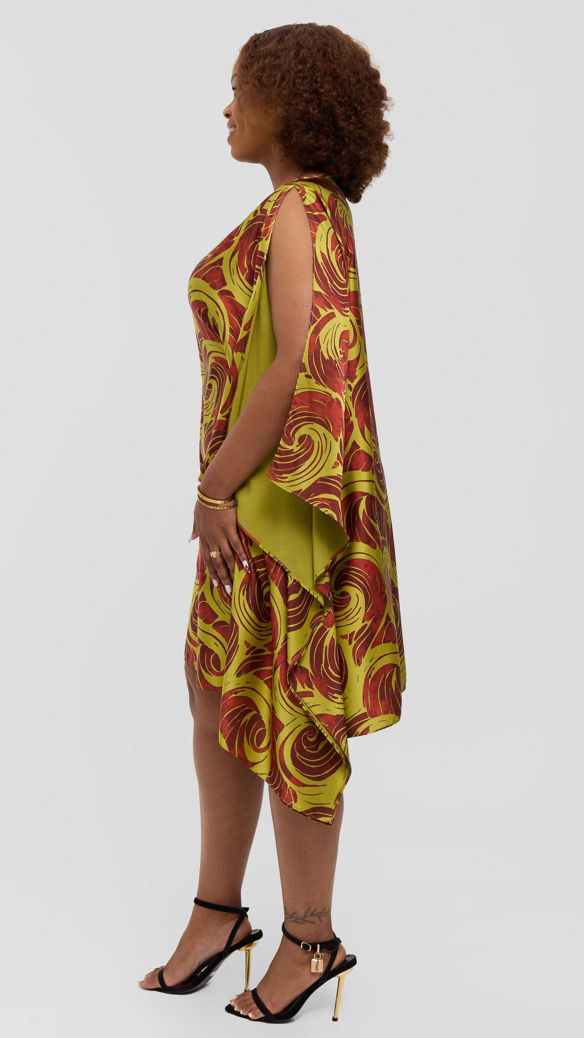 Vivo Knee Length Kaftan In Satin - Olive / Rust Bolo Print