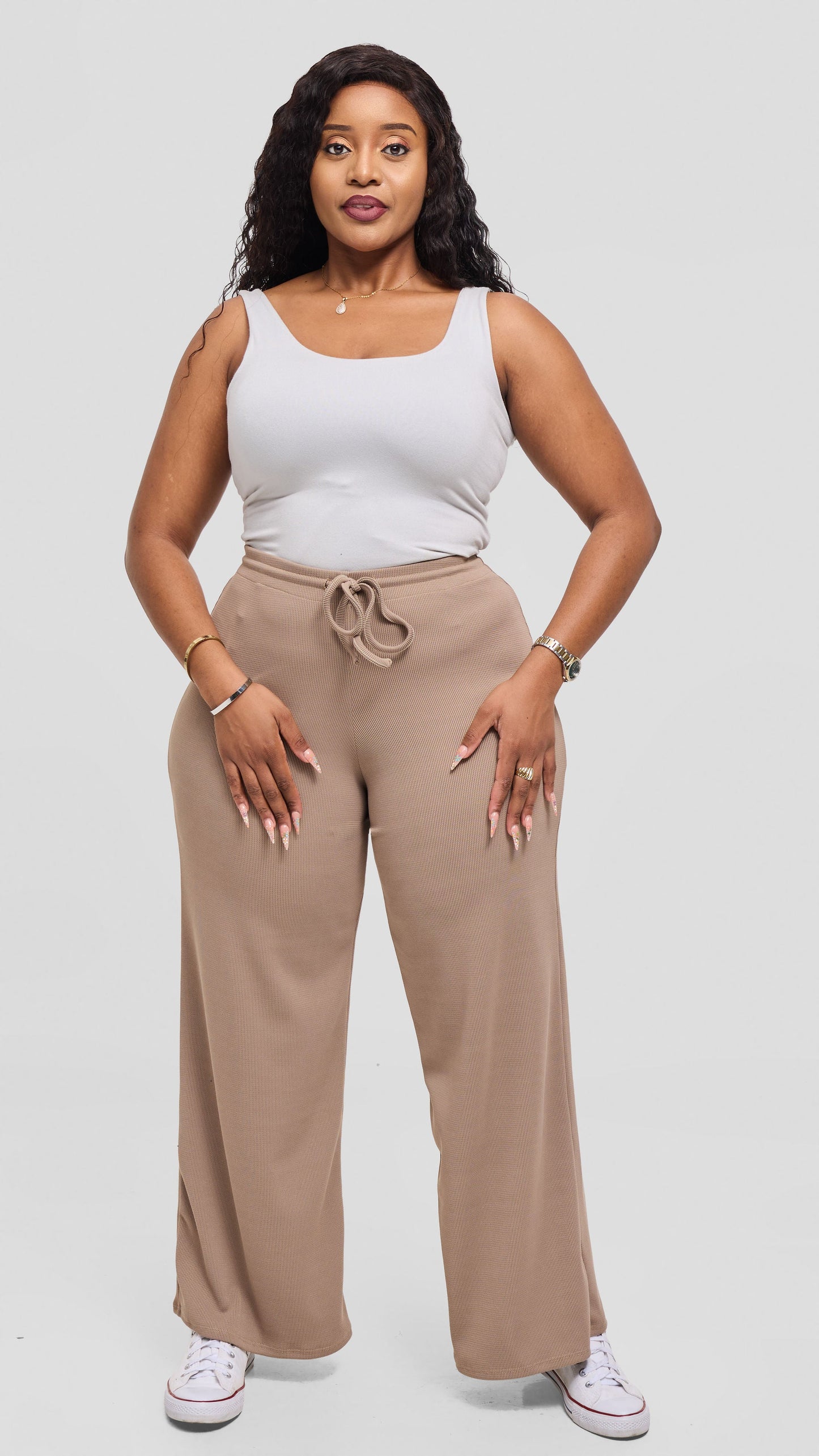 Vivo Safa Straight Leg Pants in Stretch Rib - Light Taupe