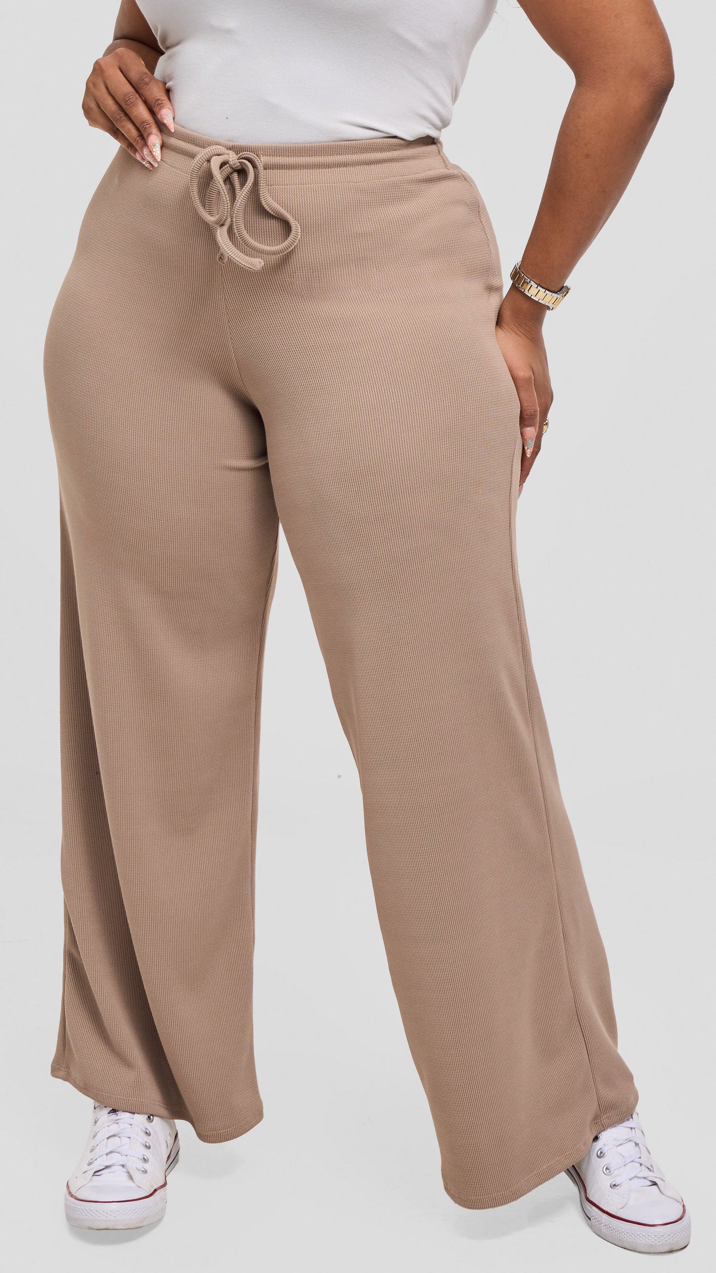 Vivo Safa Straight Leg Pants in Stretch Rib - Light Taupe