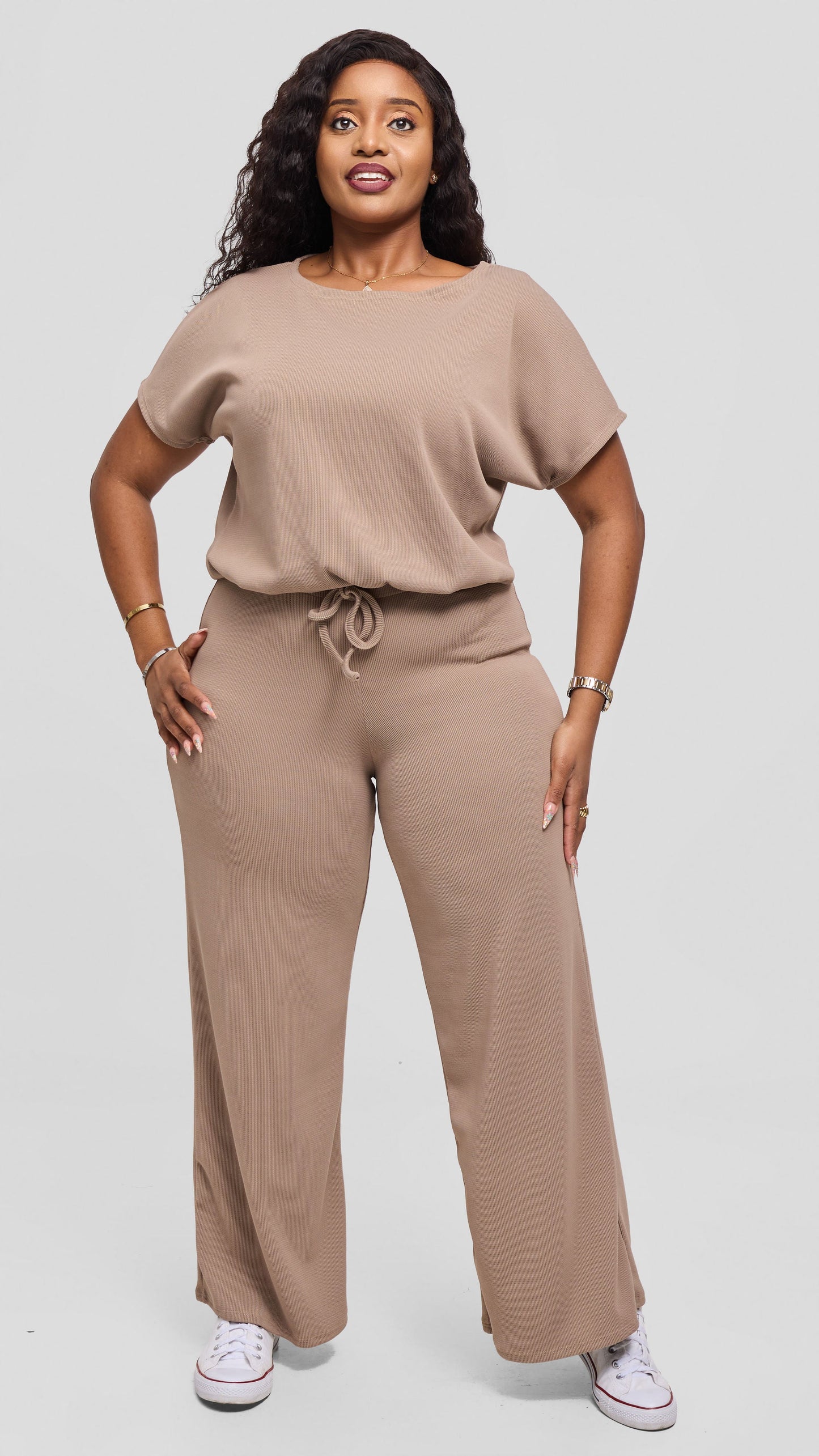 Vivo Safa Drop Shoulder Top in Stretch Rib - Light Taupe