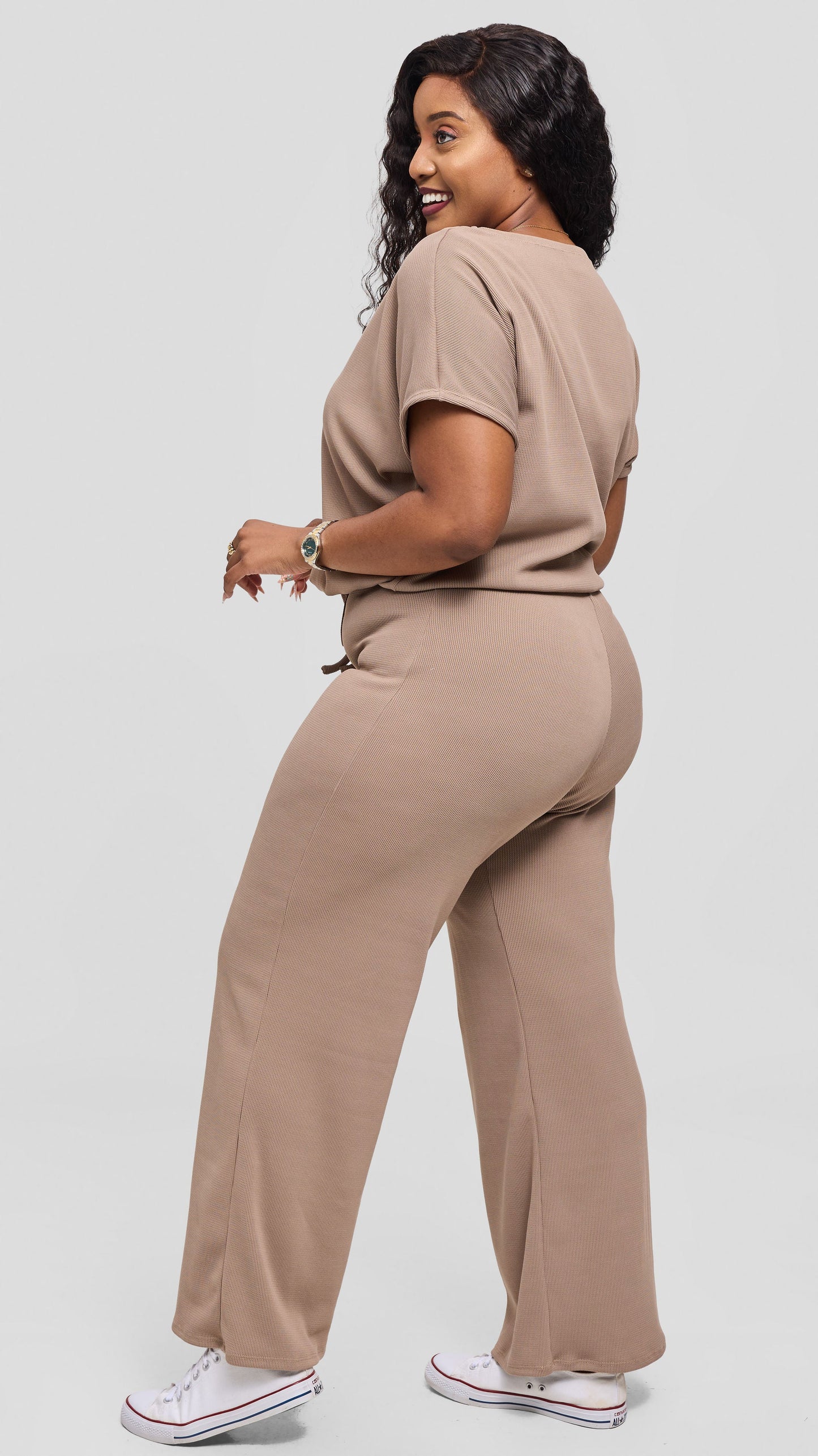 Vivo Safa Drop Shoulder Top in Stretch Rib - Light Taupe
