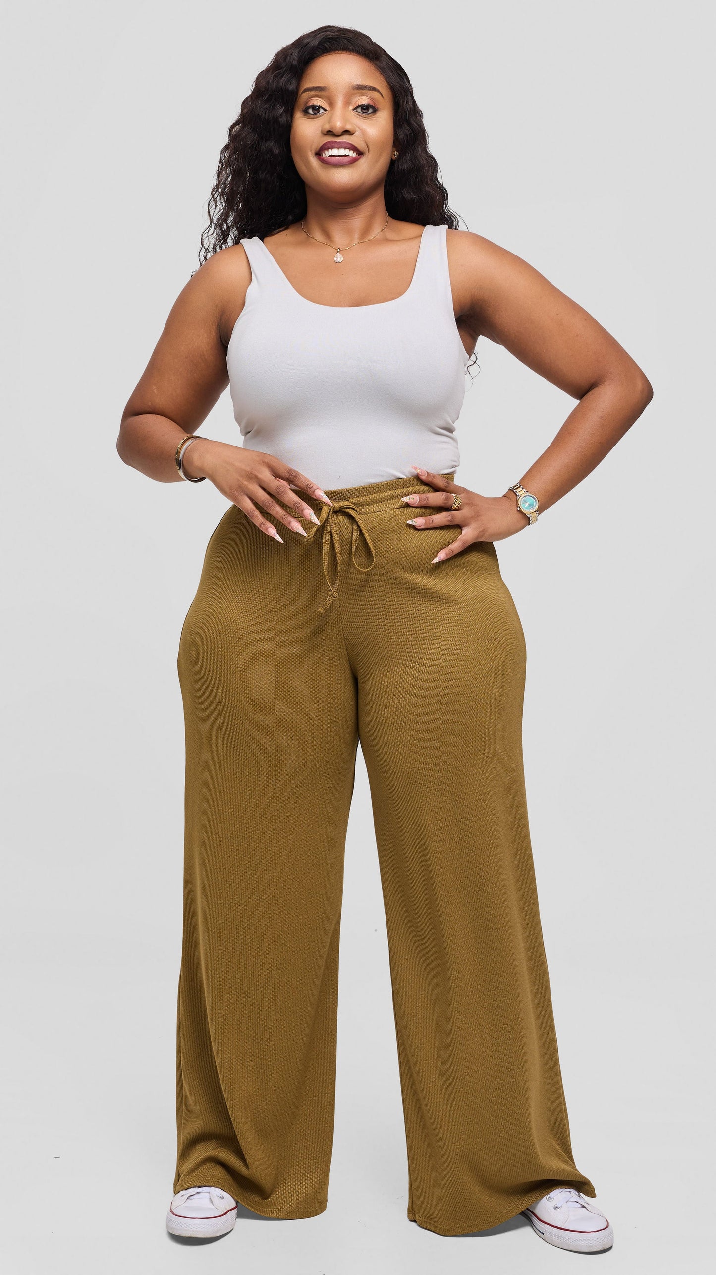 Vivo Ria Drawstring Pants in Stretch Rib - Olive