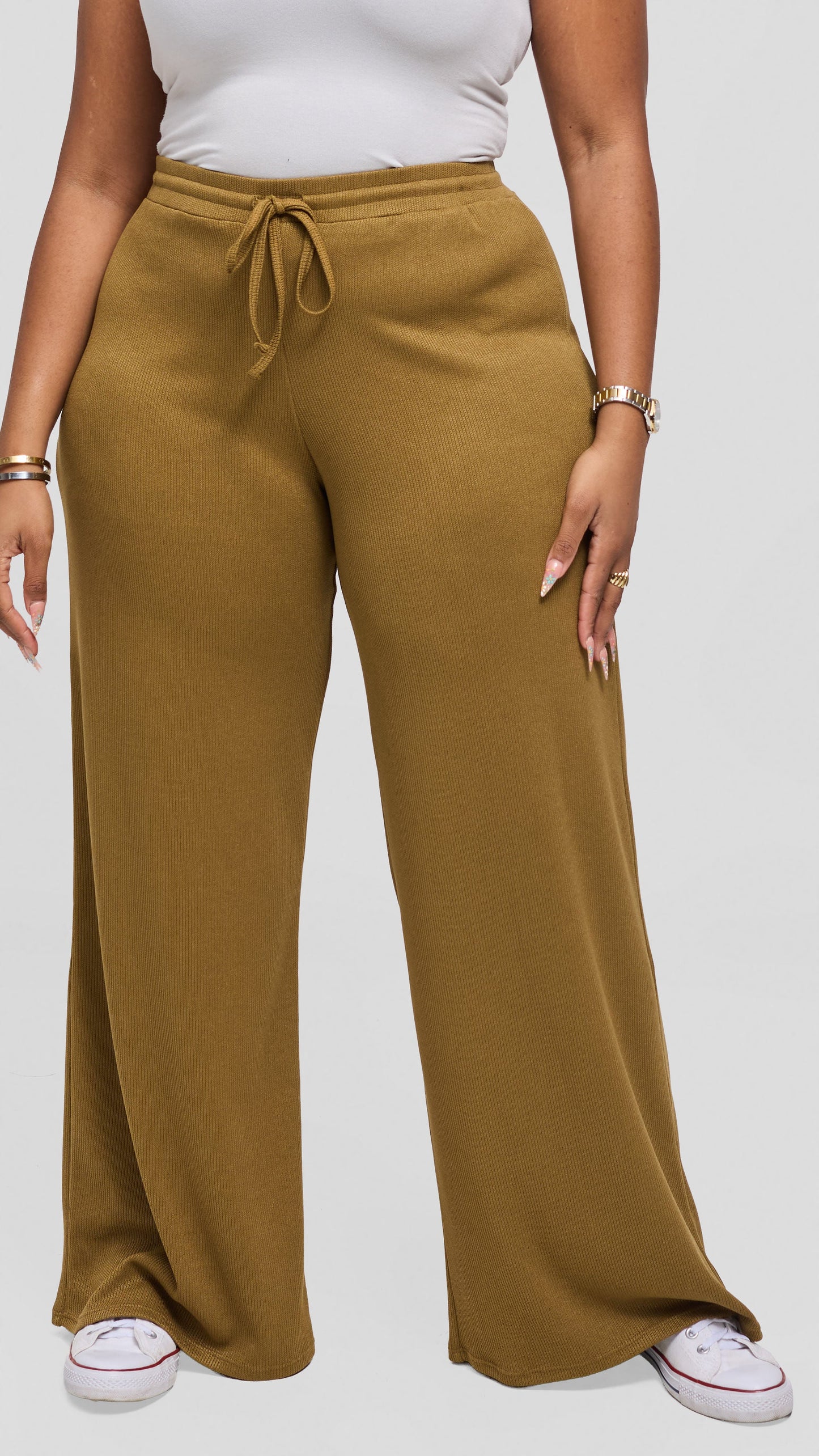 Vivo Ria Drawstring Pants in Stretch Rib - Olive