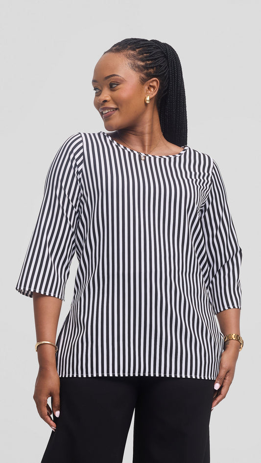 Vivo 3/4 Sleeve Side Slit Top in Crepe - White / Black Stripes