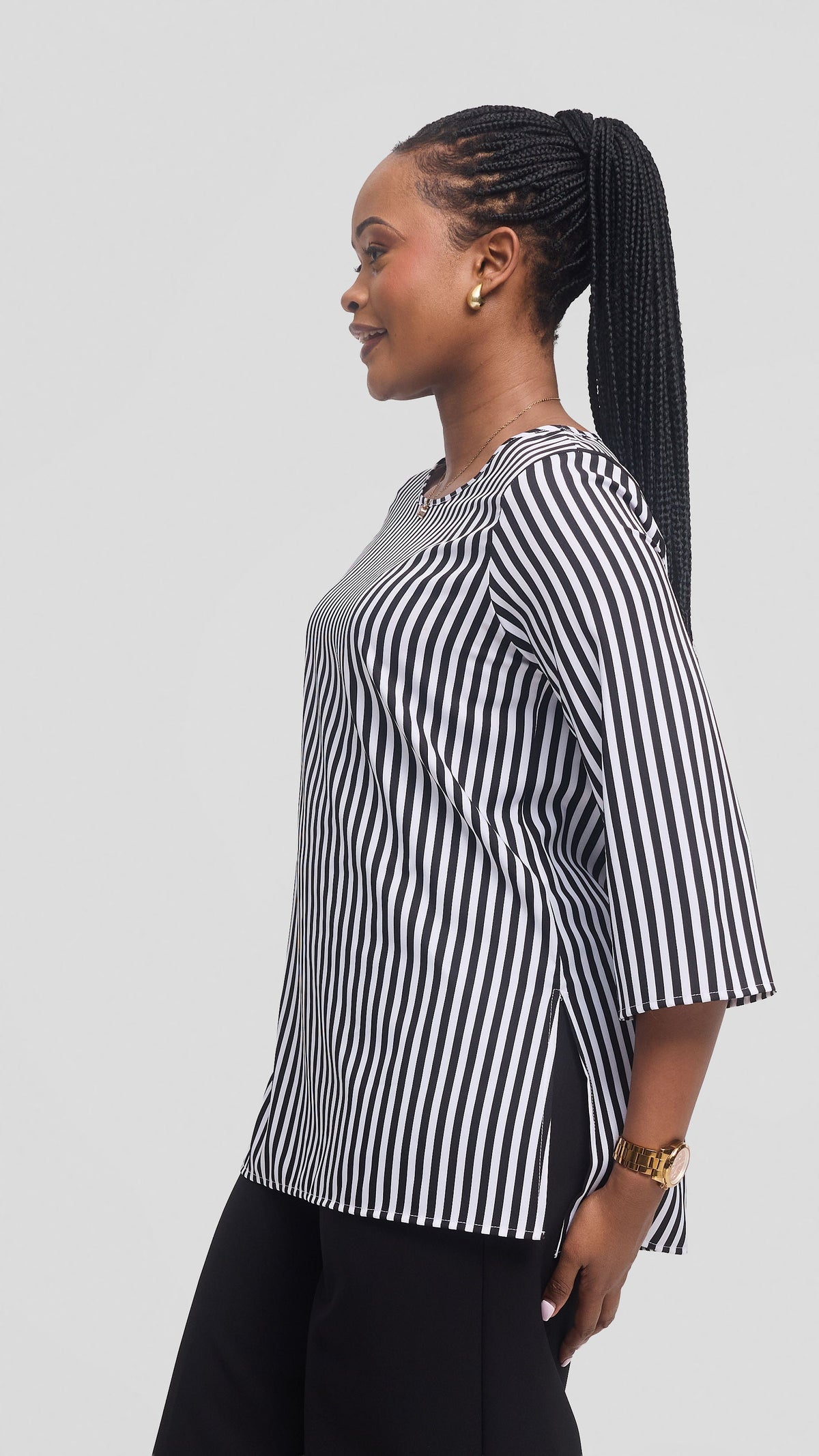 Vivo 3/4 Sleeve Side Slit Top in Crepe - White / Black Stripes